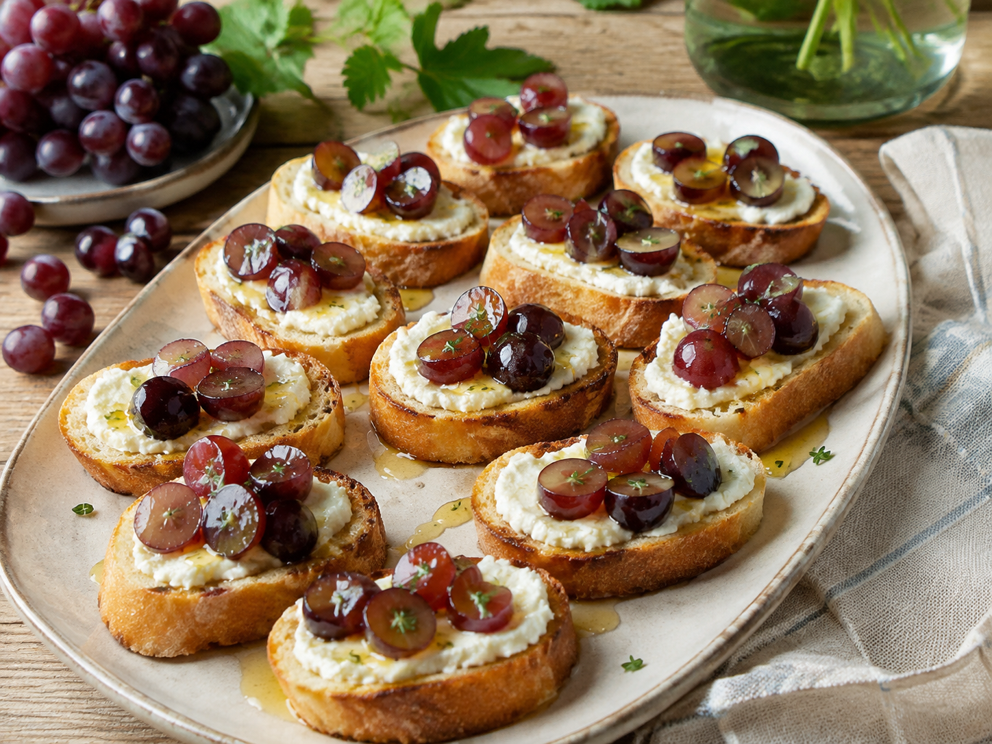 Muscadine and goat cheese crostini on toasted bread