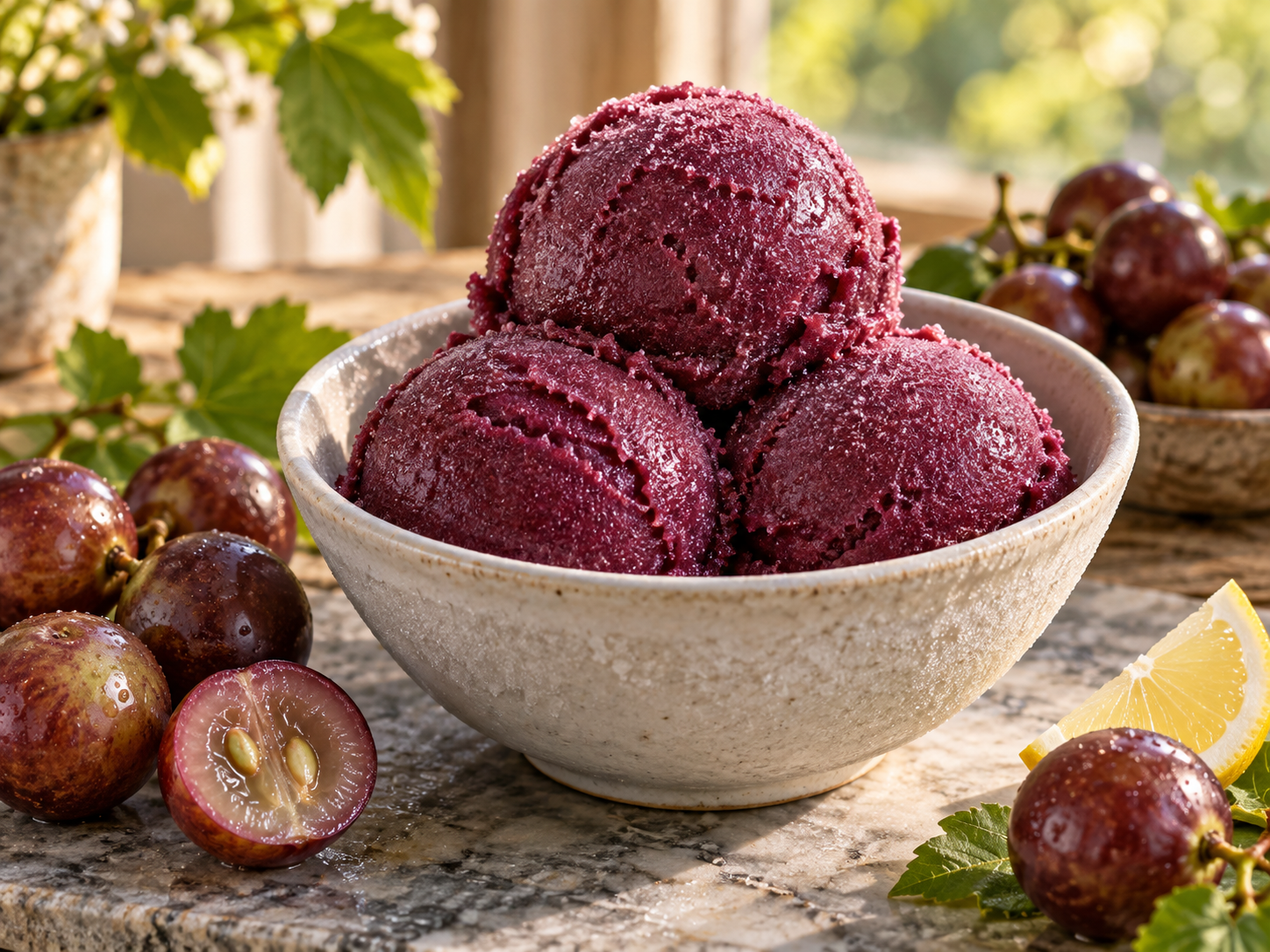 Deep purple muscadine sorbet with ripe Southern muscadine grapes
