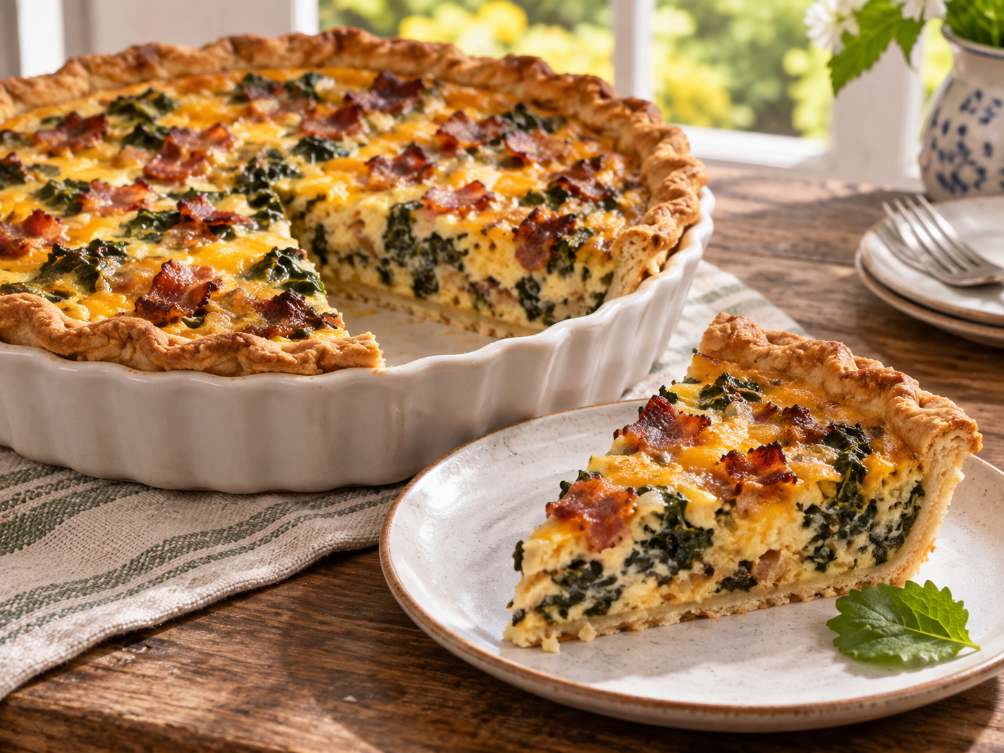 Flaky-crusted mustard green and bacon quiche with cheddar cheese