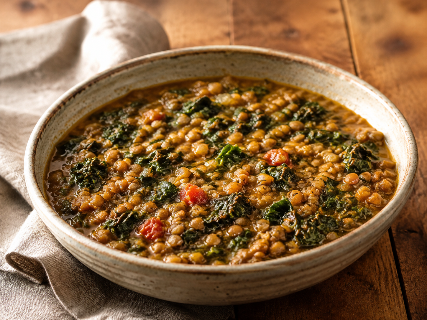 Mustard Greens and Lentil Curry prepared with garden-fresh mustard greens
