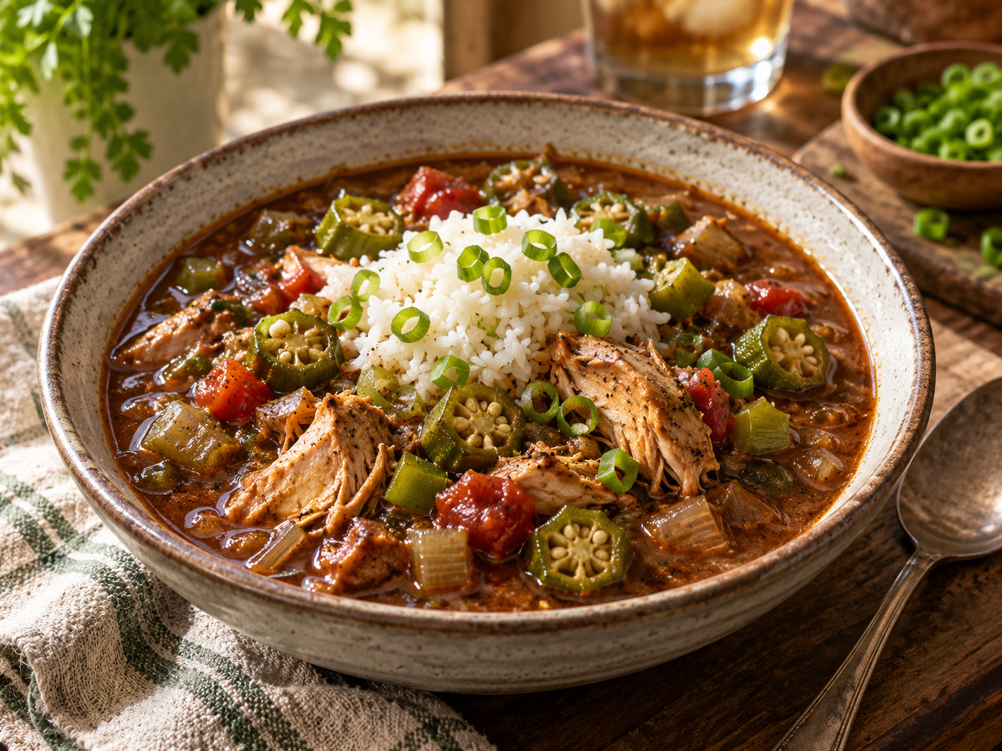 Chicken and okra gumbo with sliced okra and tender chicken served beside white rice