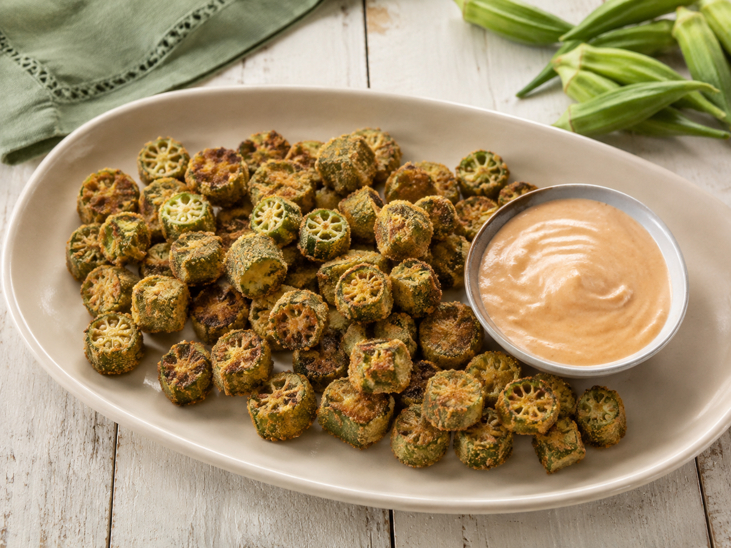 Golden crispy baked okra on a serving platter