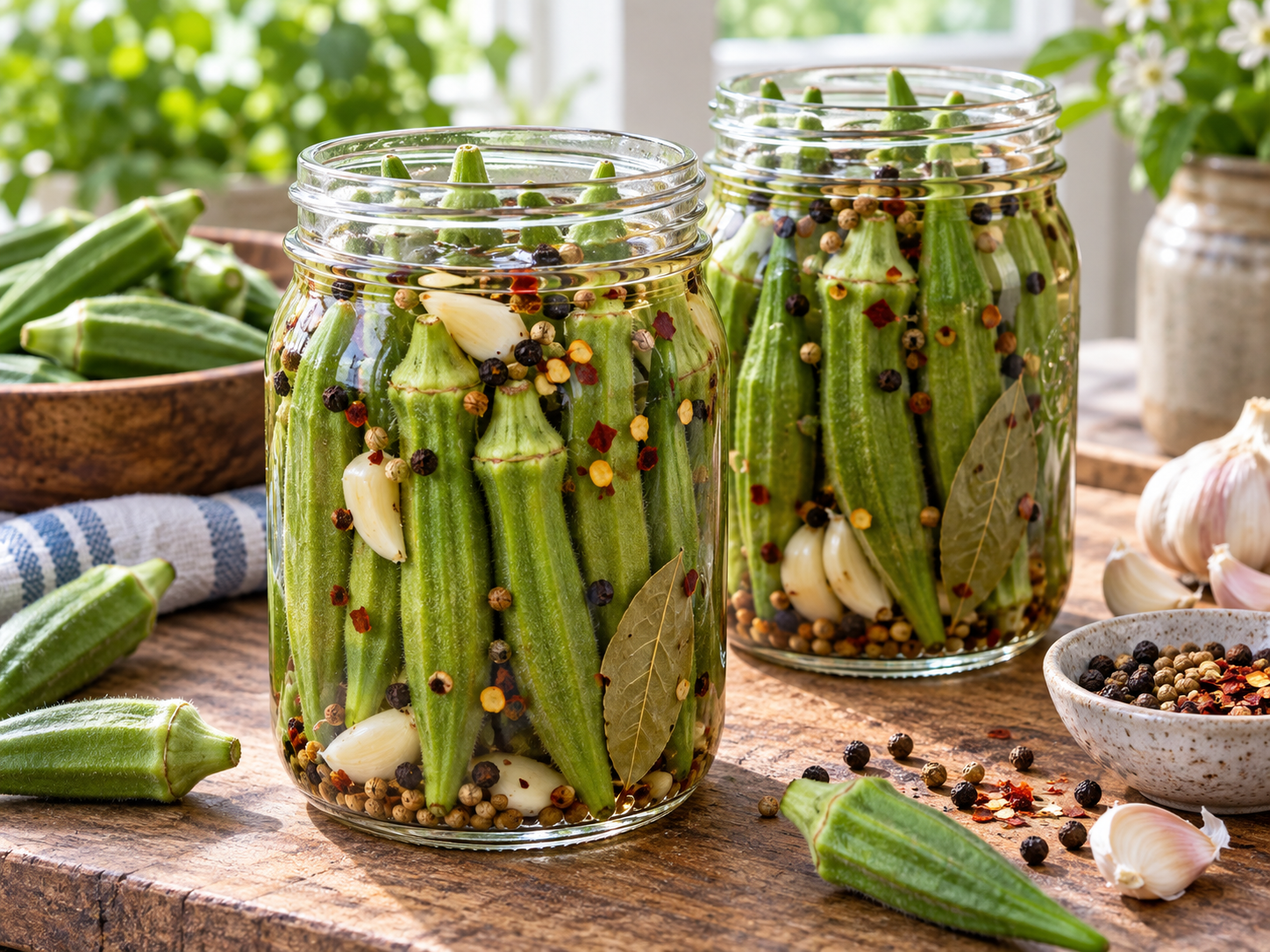 Whole quick-pickled okra pods in glass jars with garlic, coriander seeds and red pepper flakes