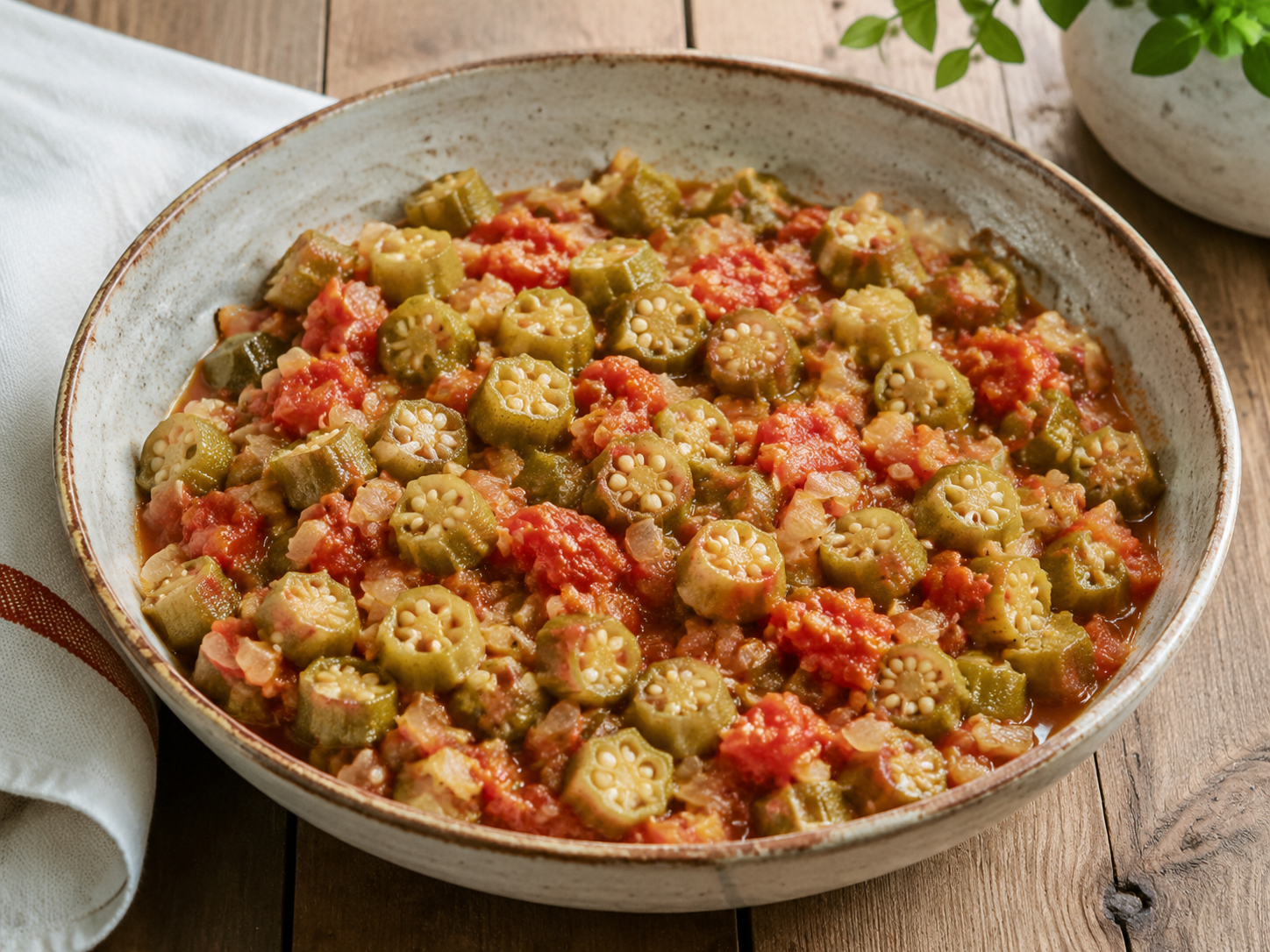 Southern-style okra and tomatoes in a rustic serving bowl