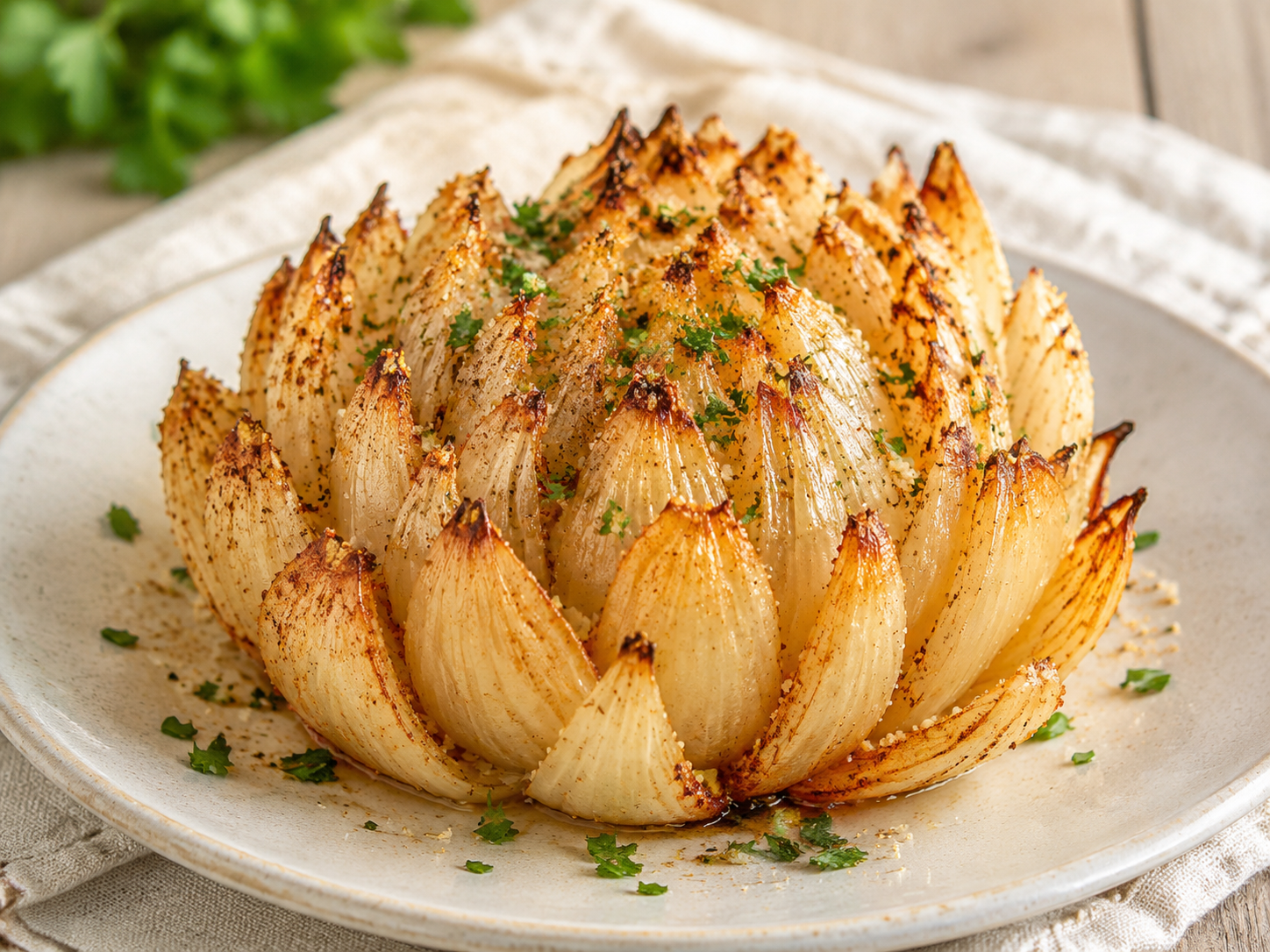 Baked Vidalia onion bloom with seasoned golden petals