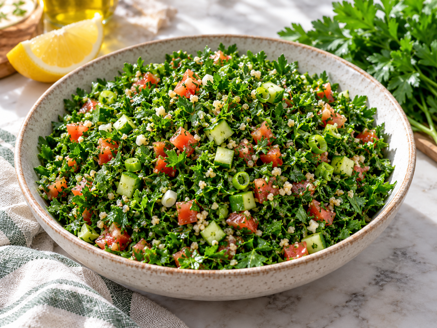 Parsley-dominant tabbouleh with bulgur, tomato, cucumber and scallions