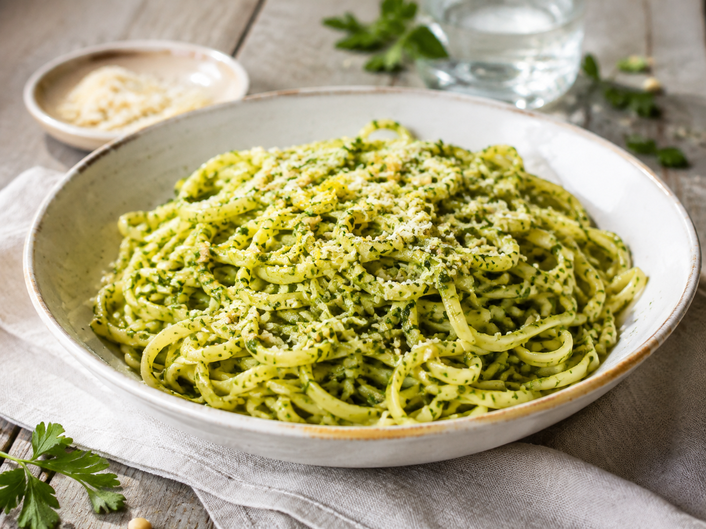 Italian Parsley Pesto Pasta prepared with garden-fresh parsley