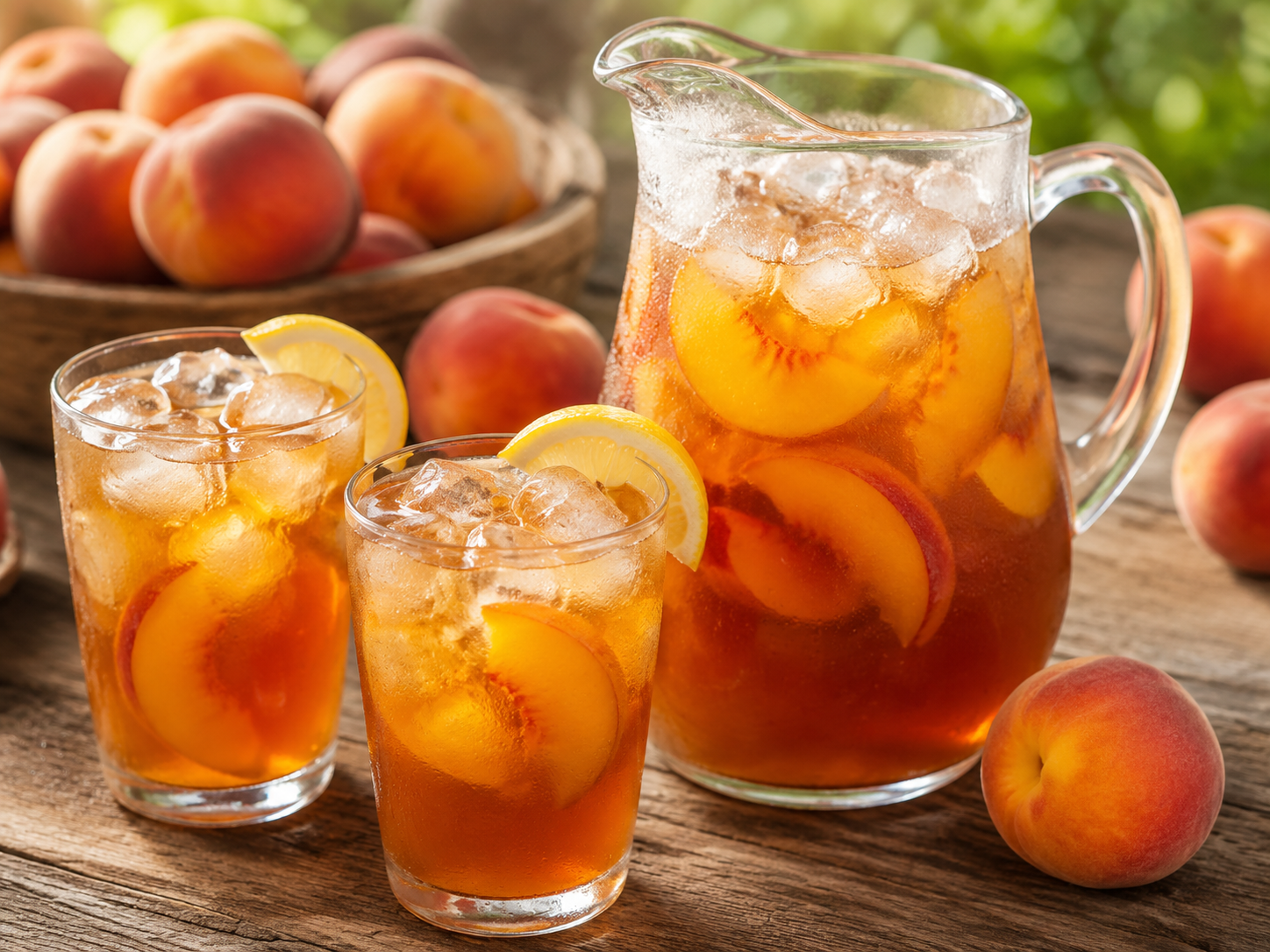 Pitcher and glasses of amber fresh peach iced tea with peach slices and ice
