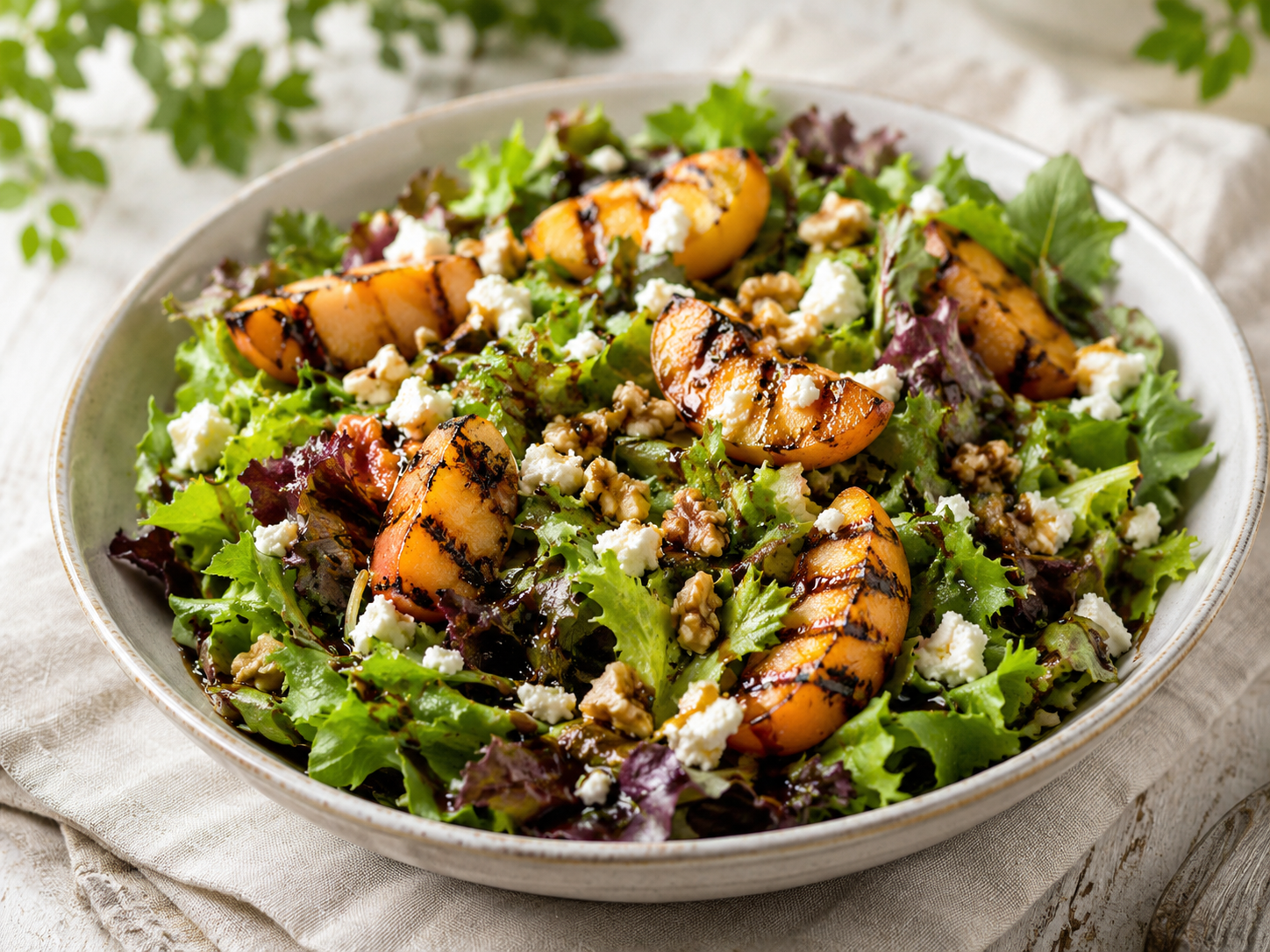 Grilled peach salad with mixed greens, feta and toasted walnuts