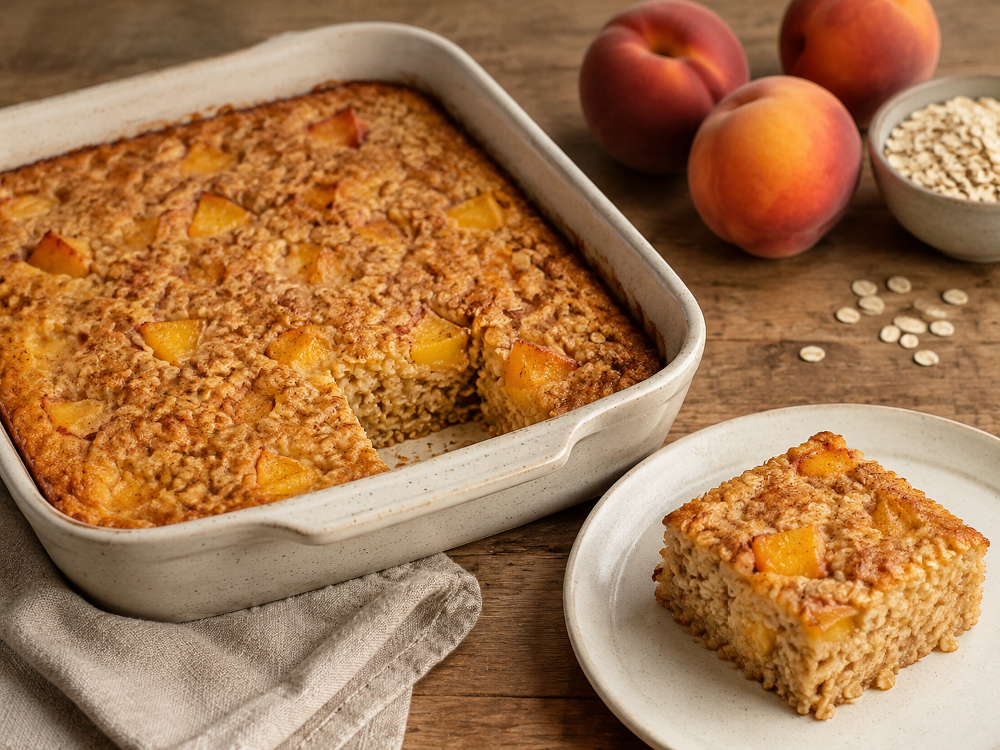 Golden peach oatmeal breakfast bake with visible peach pieces and a plated square