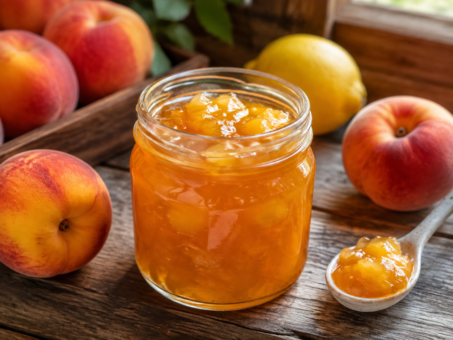 Golden small-batch peach preserves with visible fruit pieces in an open jar