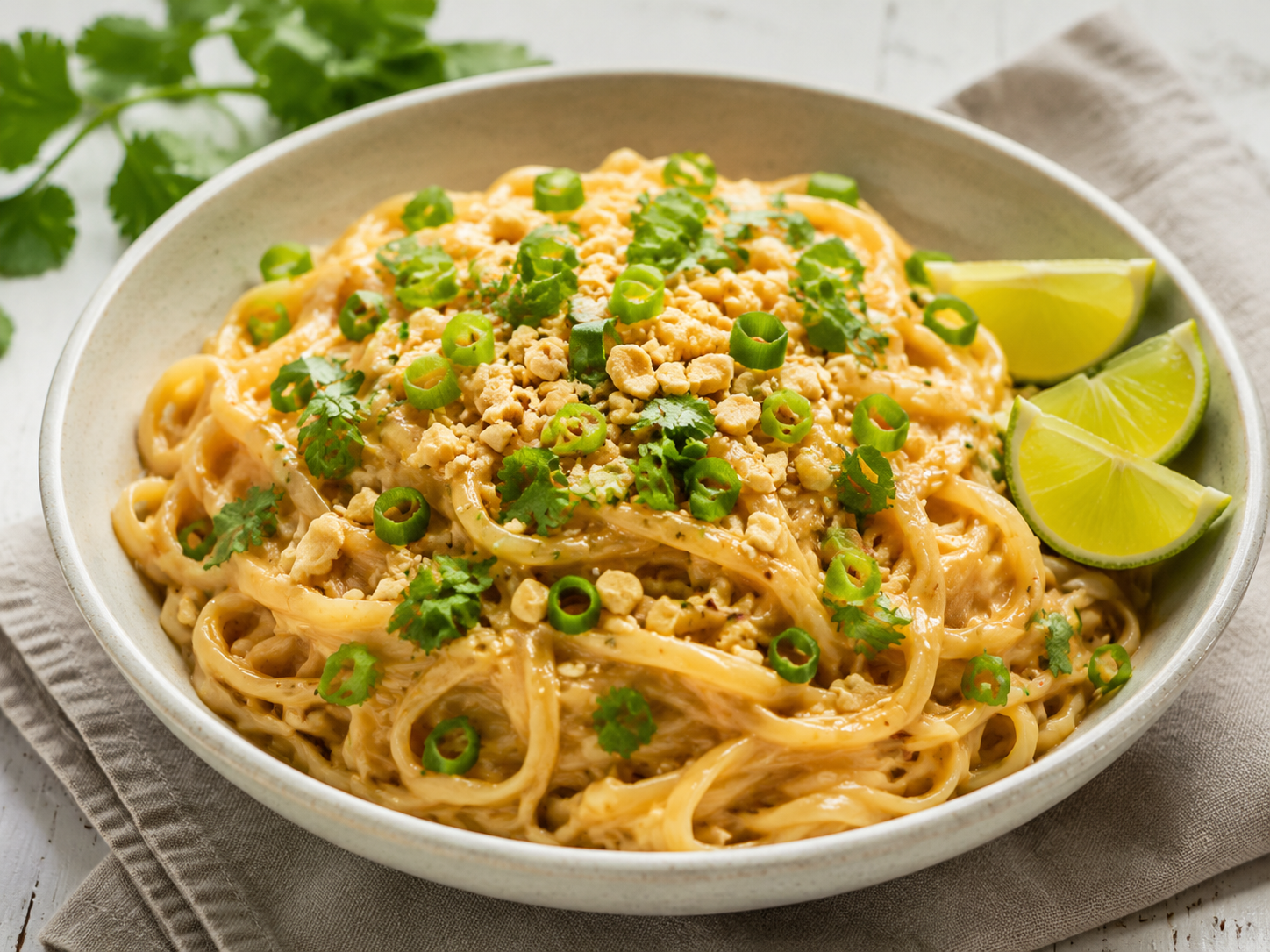 Thai peanut noodles with vegetables and chopped peanuts