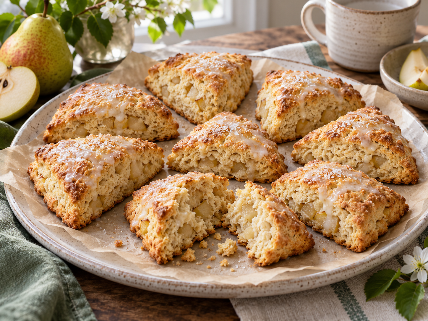 Flaky pear cardamom scones with visible pieces of fresh pear