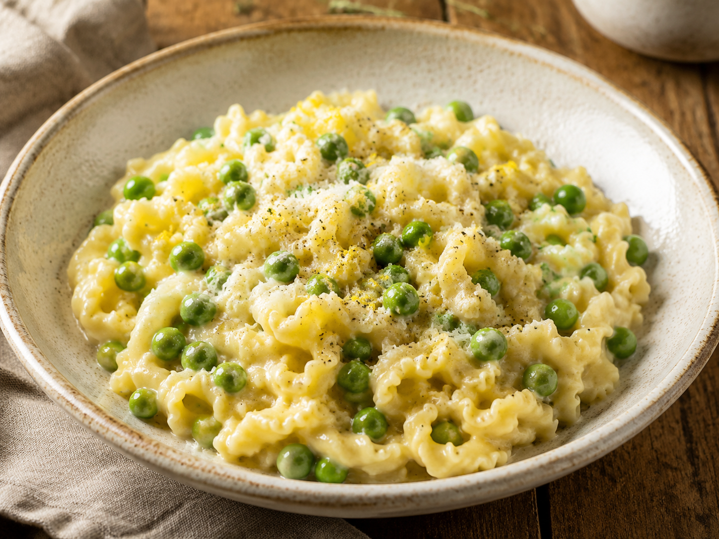 Creamy pea and Parmesan pasta with lemon and black pepper