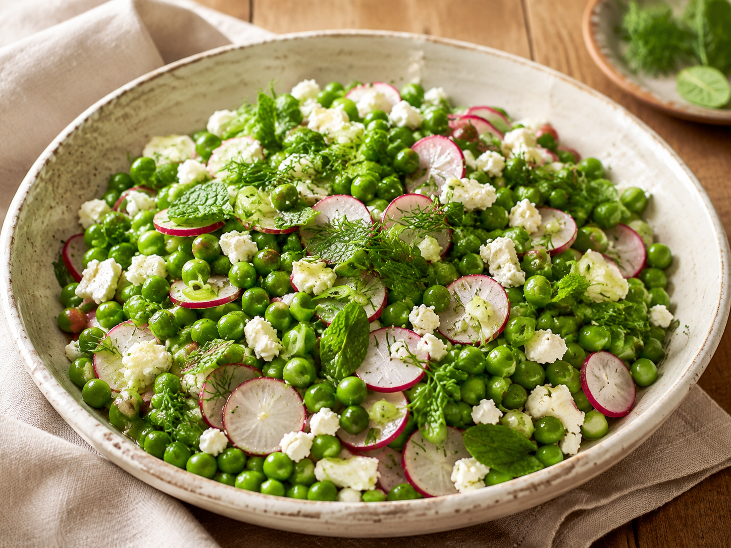 Garden pea salad with sliced radishes, feta and fresh herbs