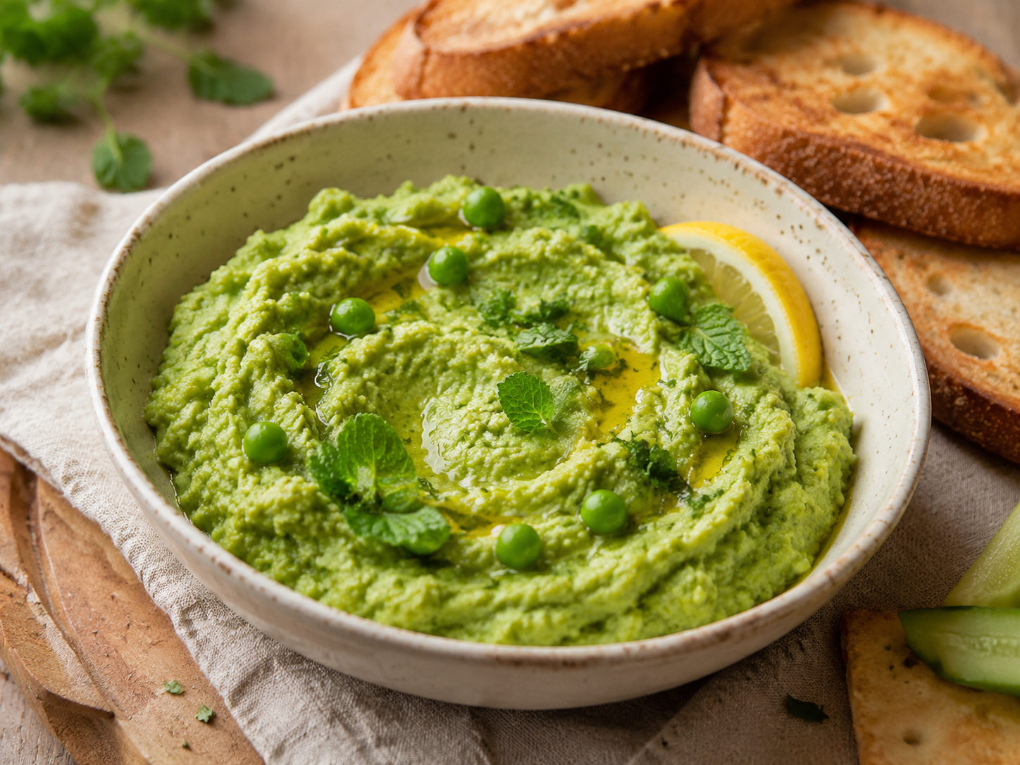 Lemon herb pea spread with mint, parsley and toasted bread