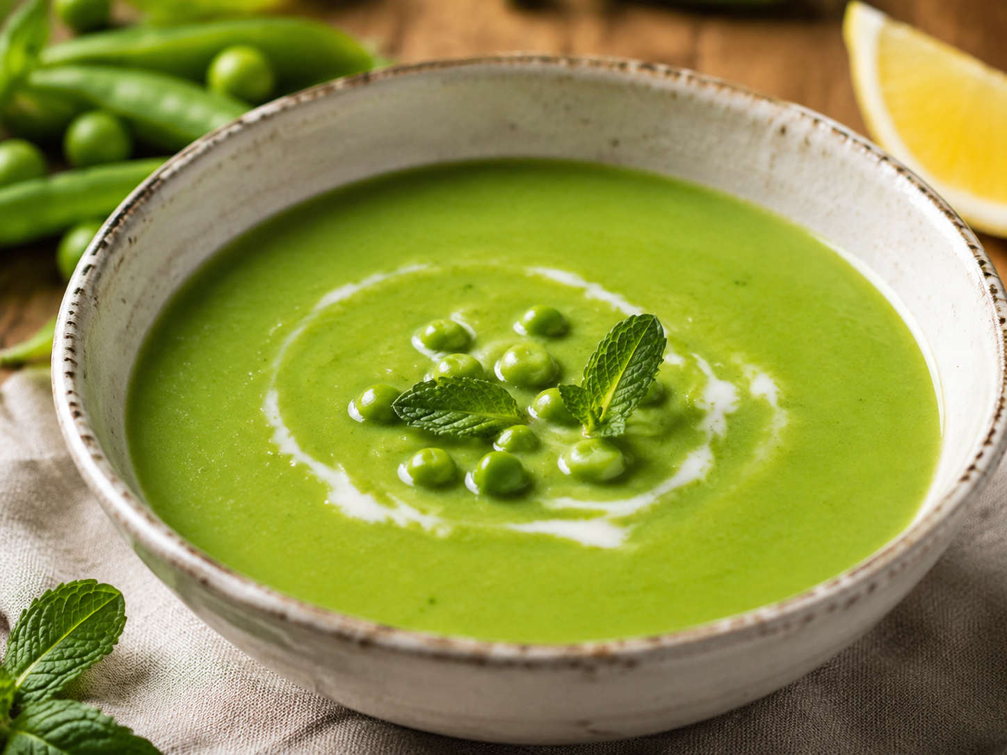 Smooth spring pea and mint soup with fresh peas and mint