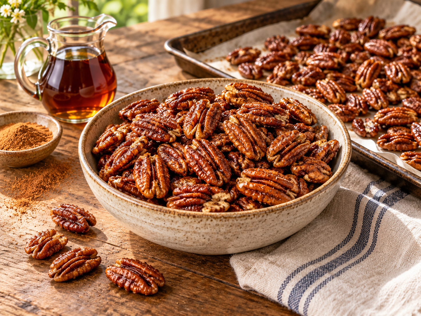 Maple cinnamon roasted Georgia pecans in a serving bowl