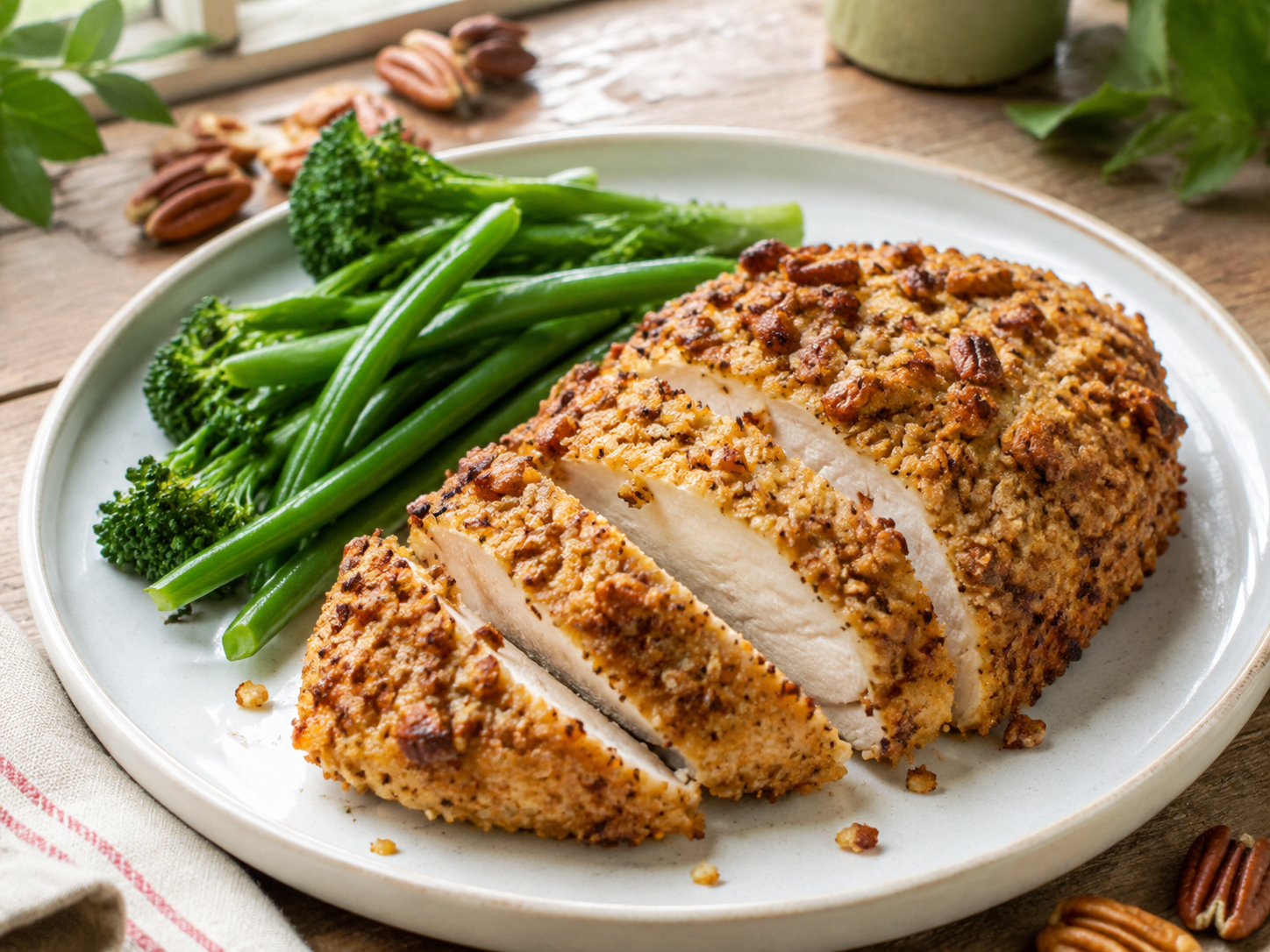 Sliced pecan-crusted baked chicken served with fresh greens