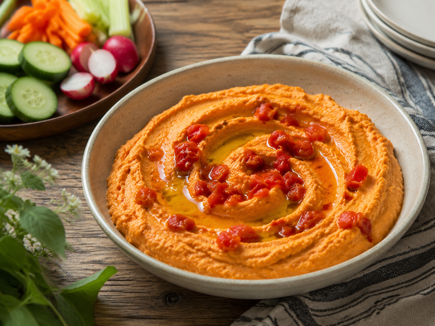 Bowl of roasted red pepper hummus with vegetable dippers