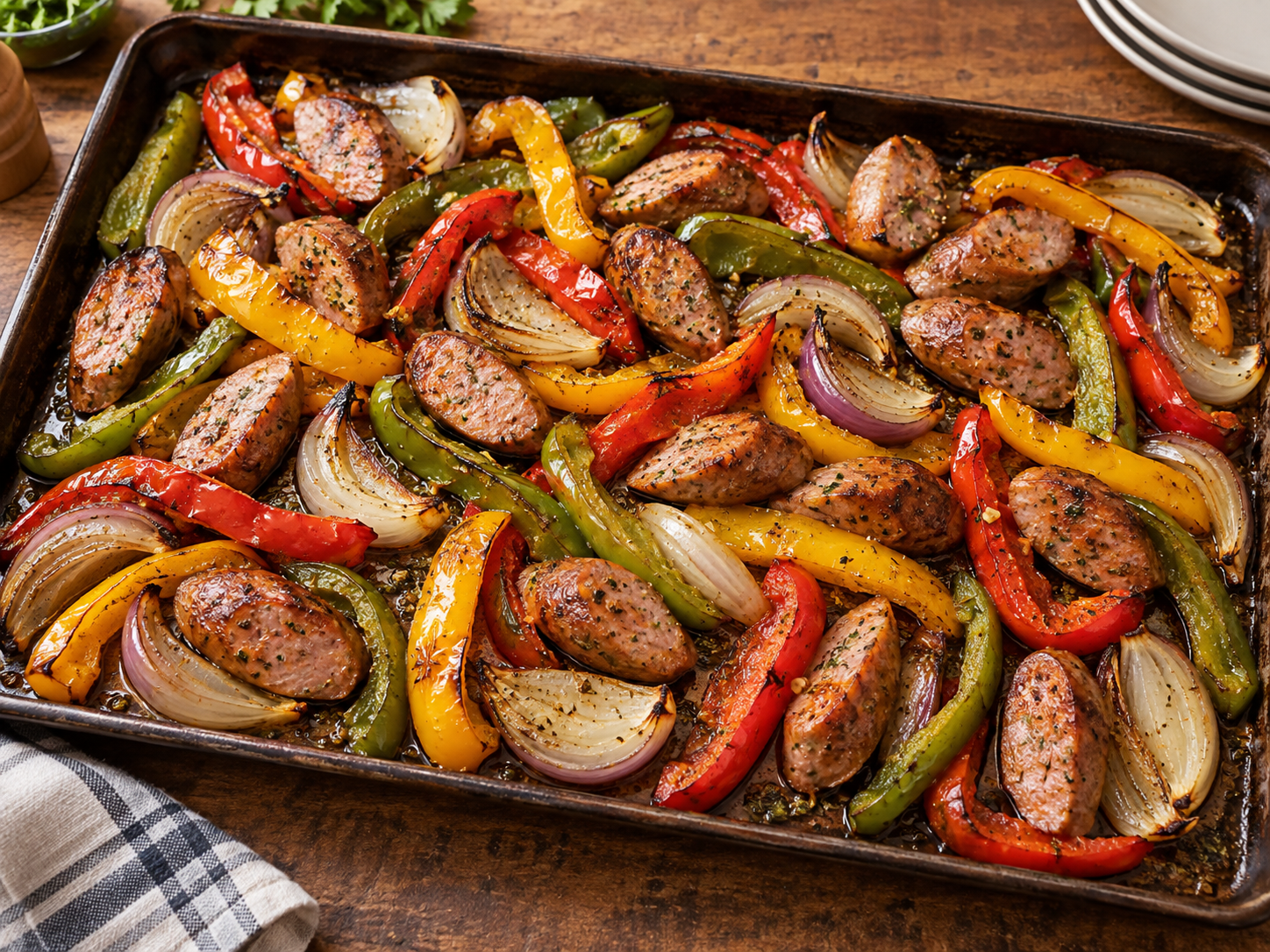 Roasted Italian sausage pieces with colorful garden peppers and onions on a sheet pan