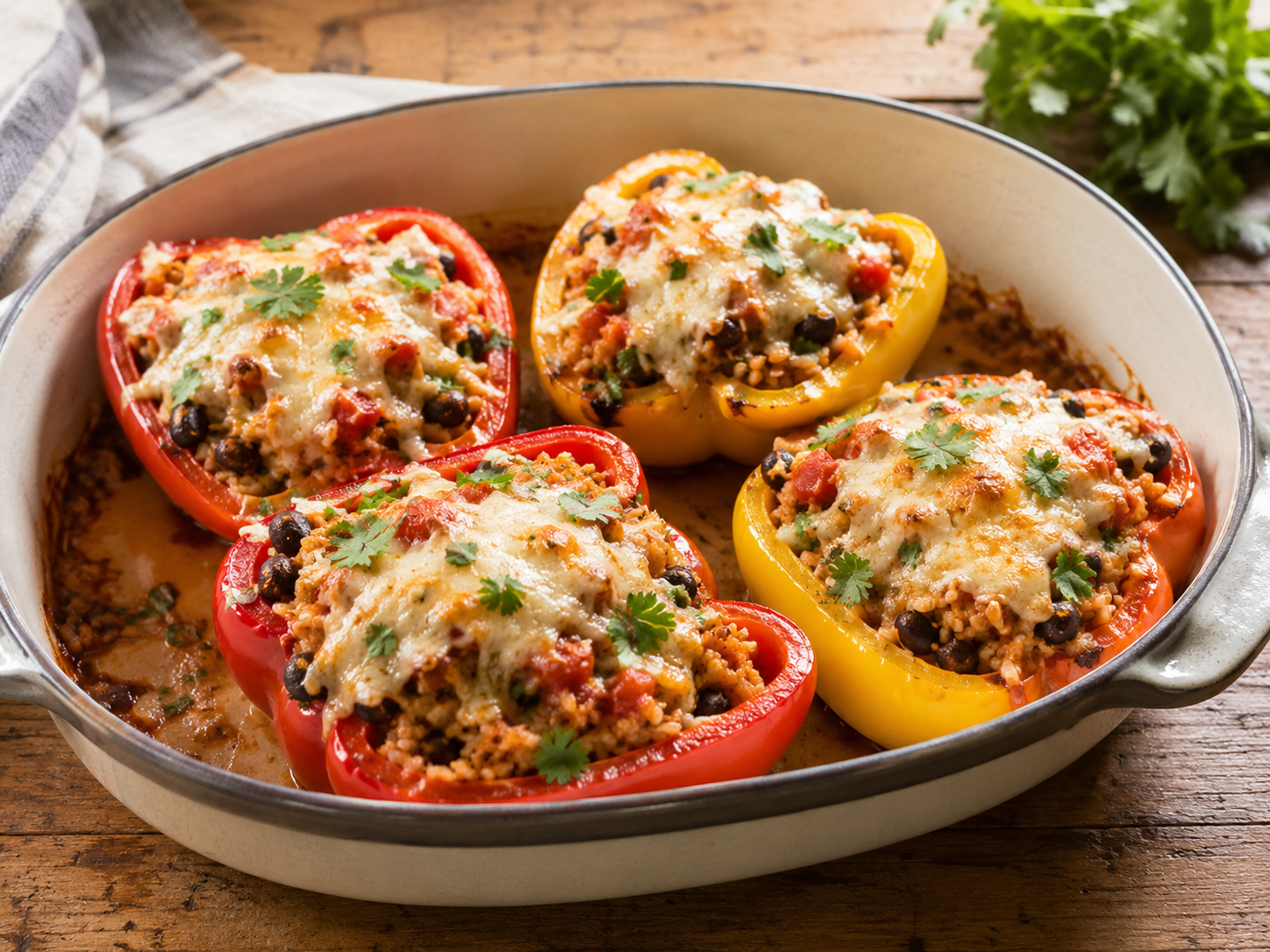 Baked stuffed bell peppers on a rustic serving platter