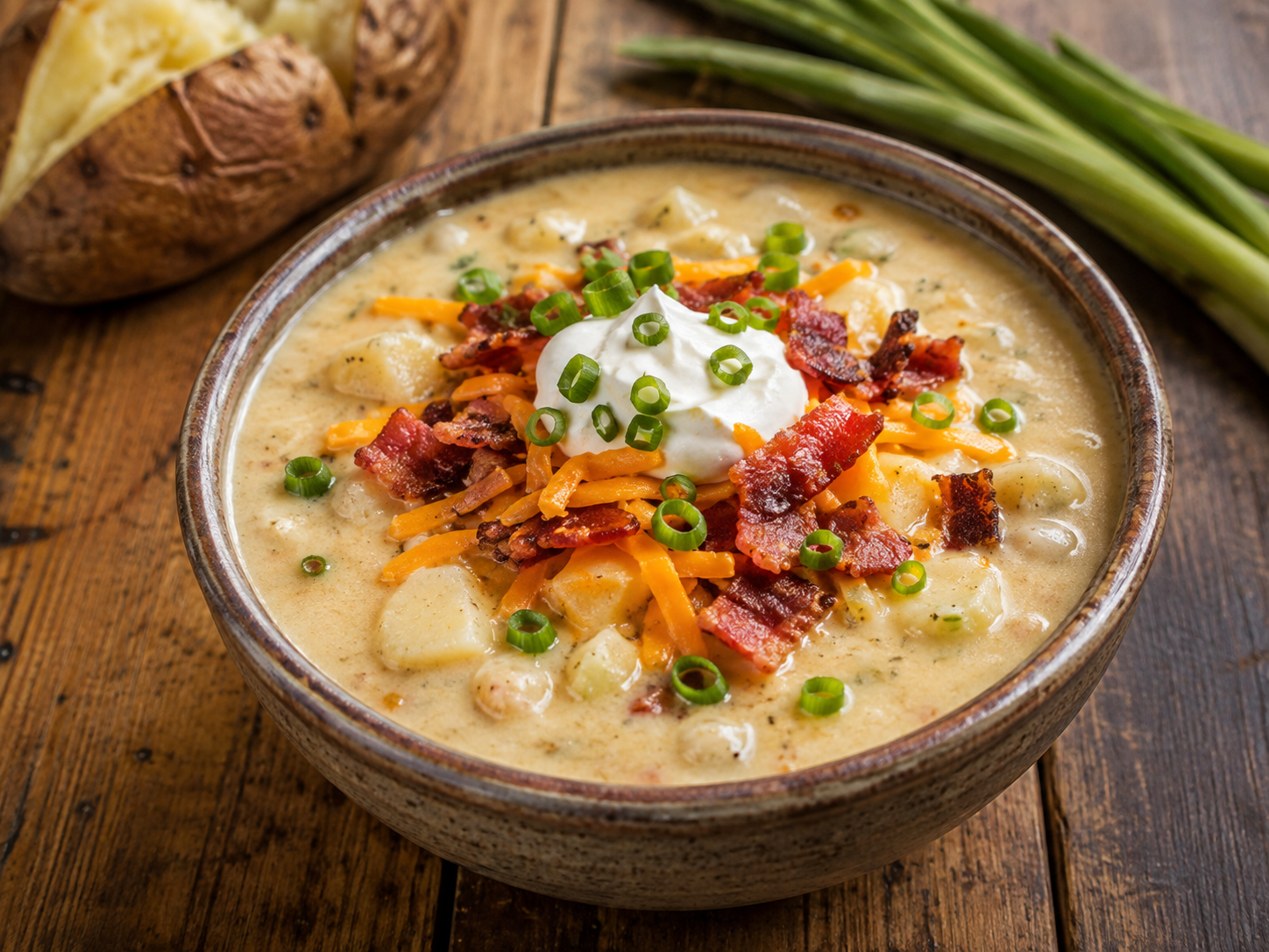 Creamy loaded baked potato soup with cheddar, bacon, sour cream and green onions