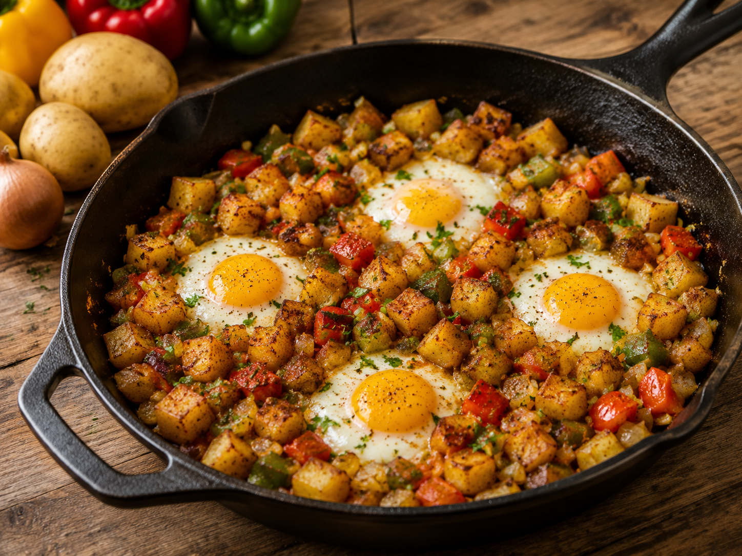 Crispy skillet potato and bell pepper breakfast hash with four baked eggs