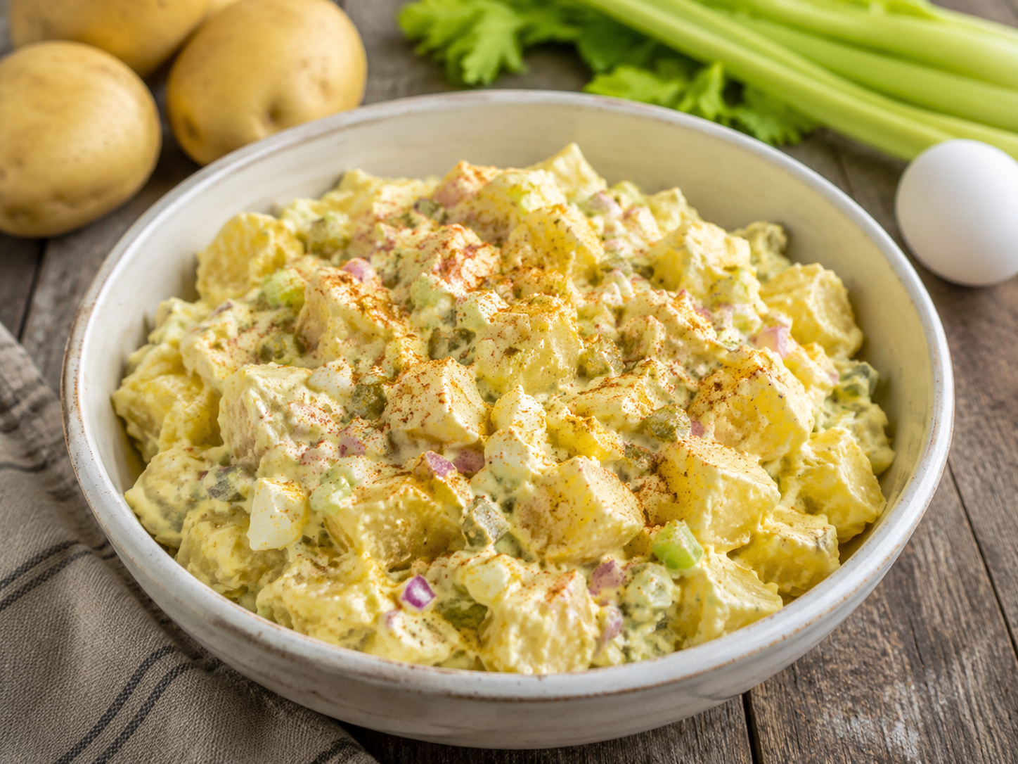 Creamy Southern potato salad with egg, celery, pickles and paprika