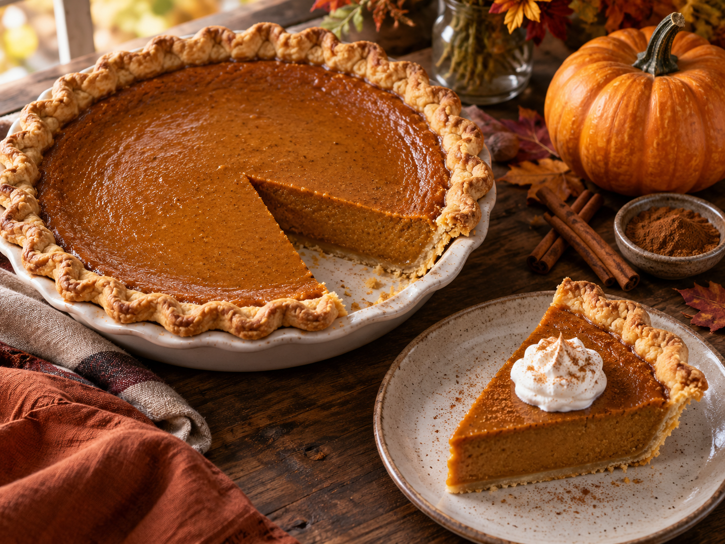 Classic pumpkin pie with a smooth spiced filling, golden crust and a slice served with whipped cream