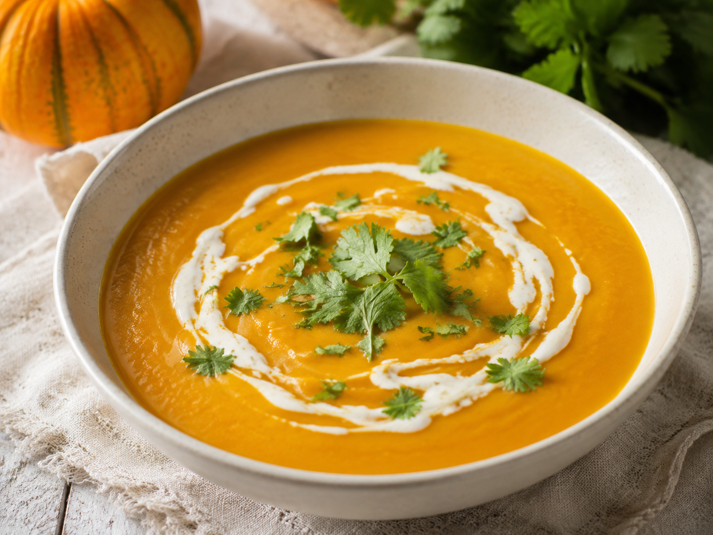 Creamy pumpkin soup garnished with fresh herbs