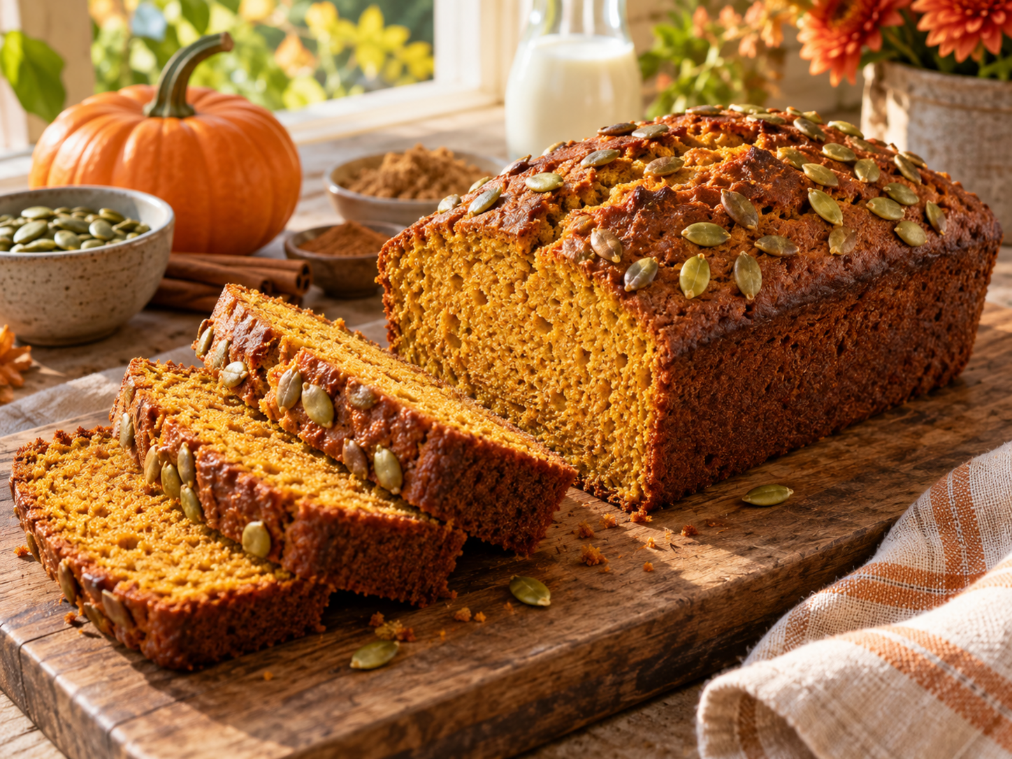 Sliced spiced pumpkin bread with a moist orange crumb and toasted pumpkin seeds on top