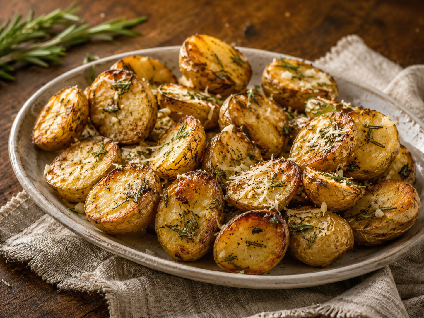 Rosemary Garlic Roasted Potatoes prepared with garden-fresh rosemary