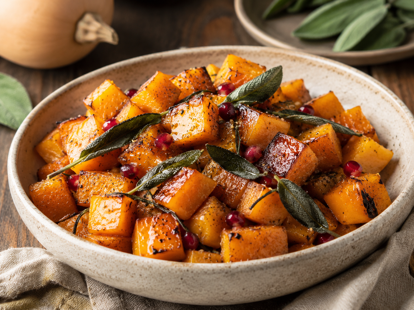 Roasted Butternut Squash with Sage and Brown Butter prepared with garden-fresh sage