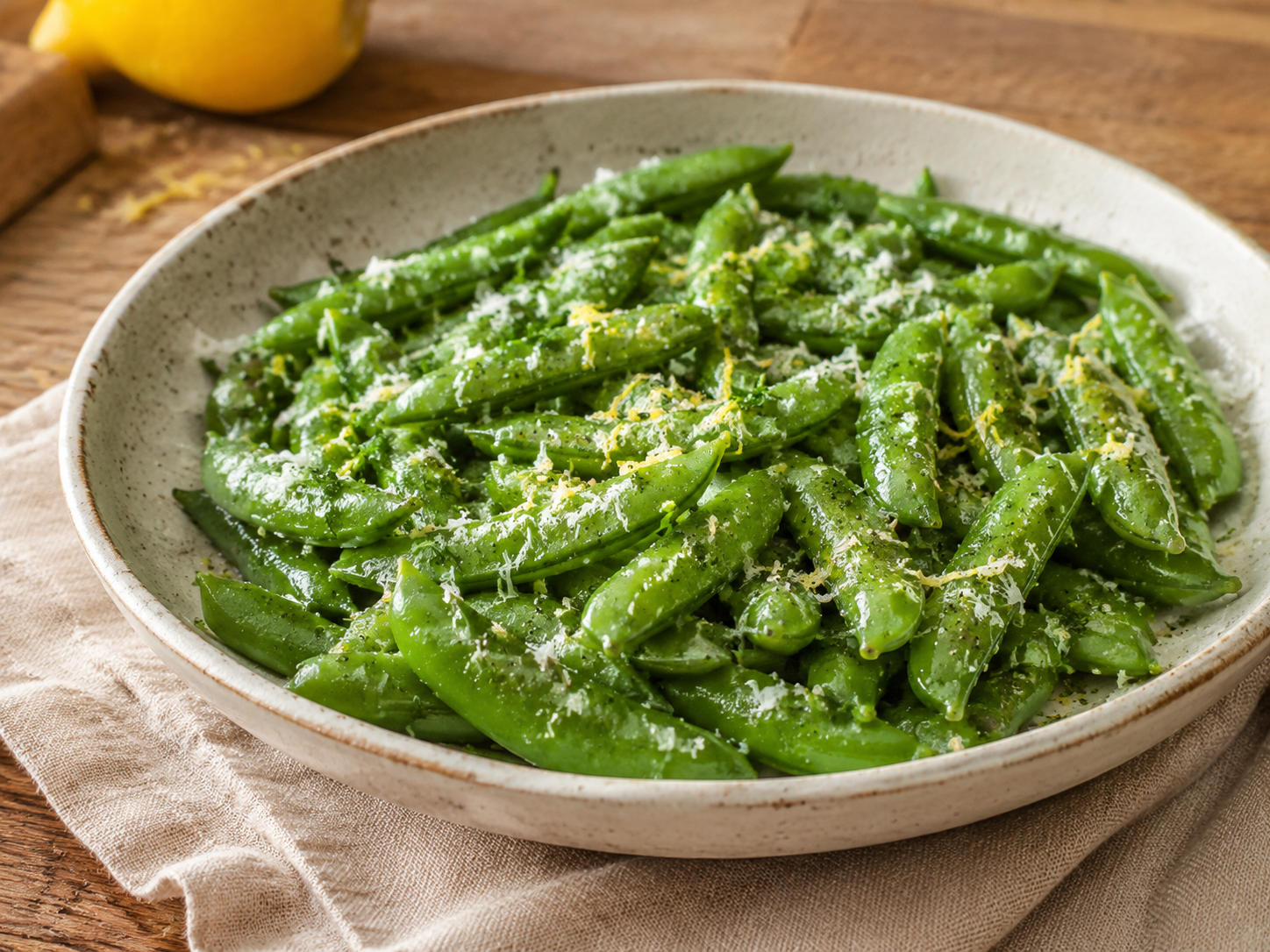 Lemon Parmesan Snap Peas prepared with garden-fresh snap peas