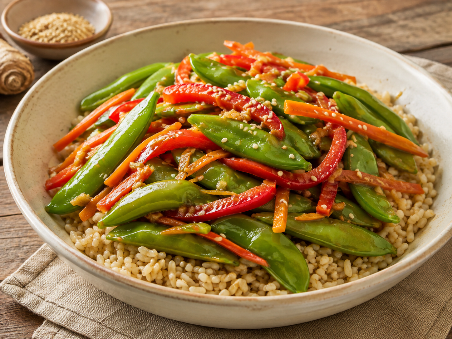 Sesame Ginger Snap Pea Stir-Fry prepared with garden-fresh snap peas