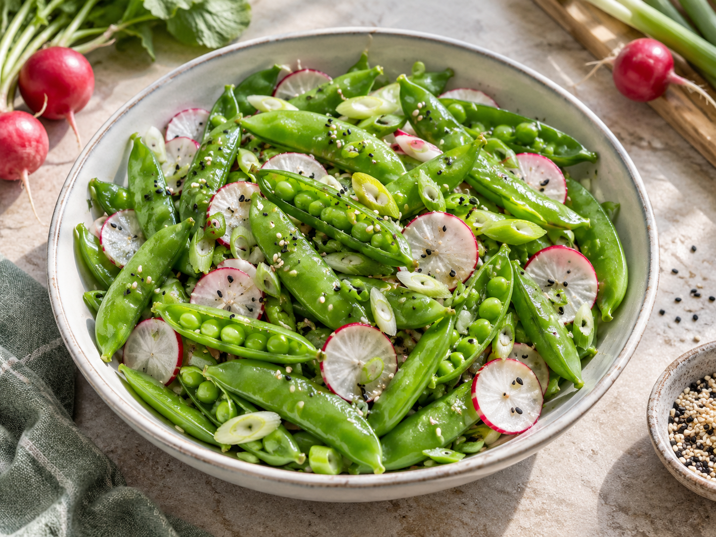 Crisp whole snap peas and sliced radishes in sesame dressing