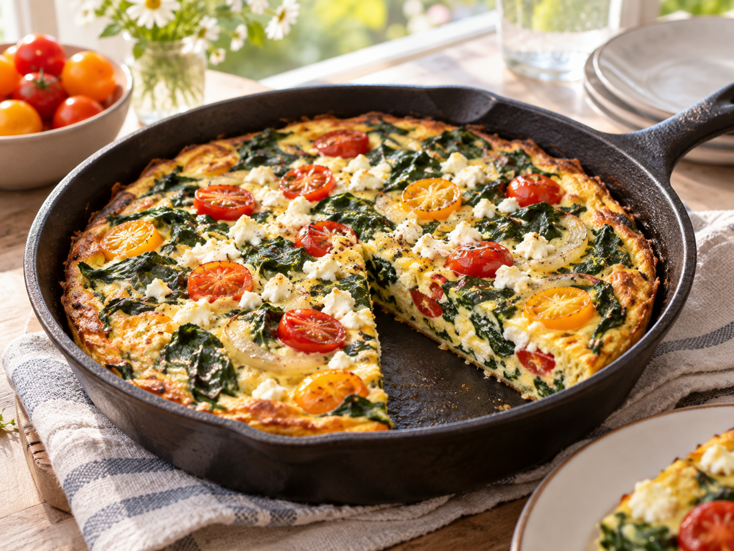 Spinach and tomato frittata in a skillet with cherry tomatoes and crumbled feta