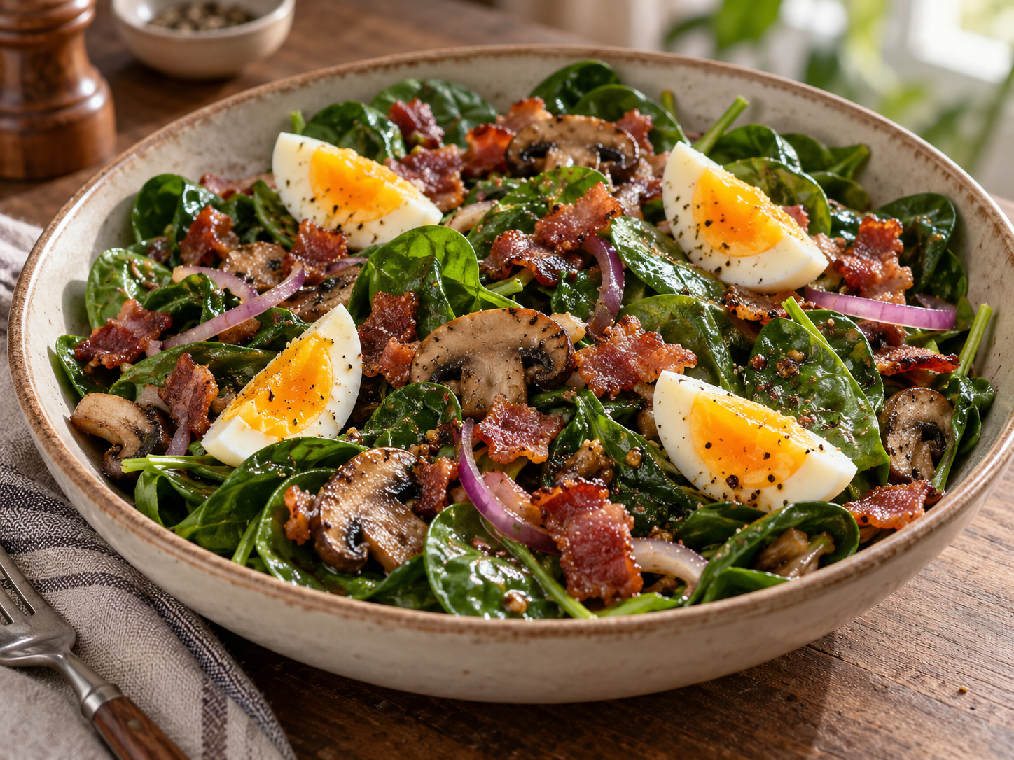 Warm spinach salad with crisp bacon, egg halves, sauteed mushrooms and red onion