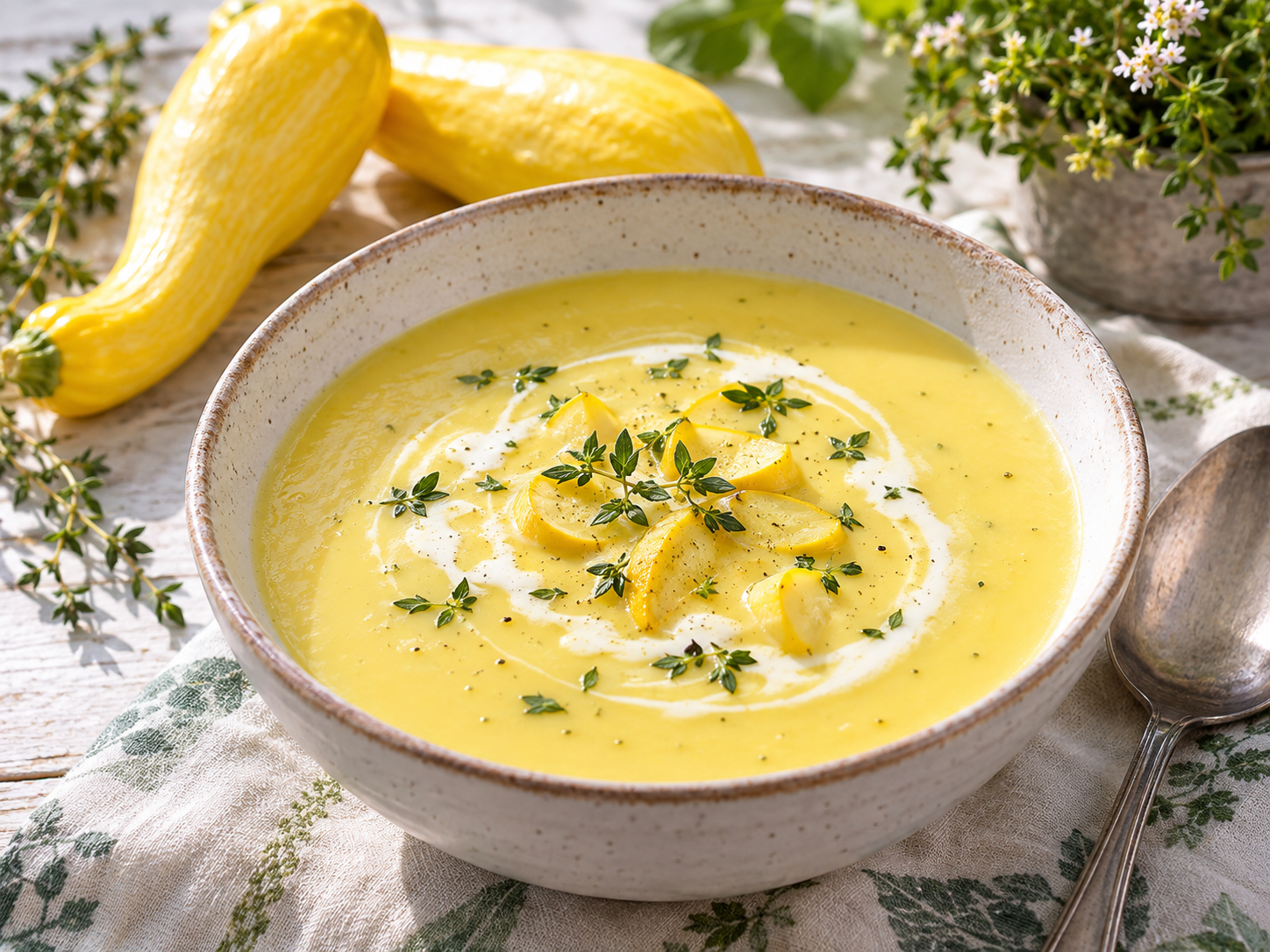 Pale golden creamy yellow summer squash soup with small squash pieces and thyme