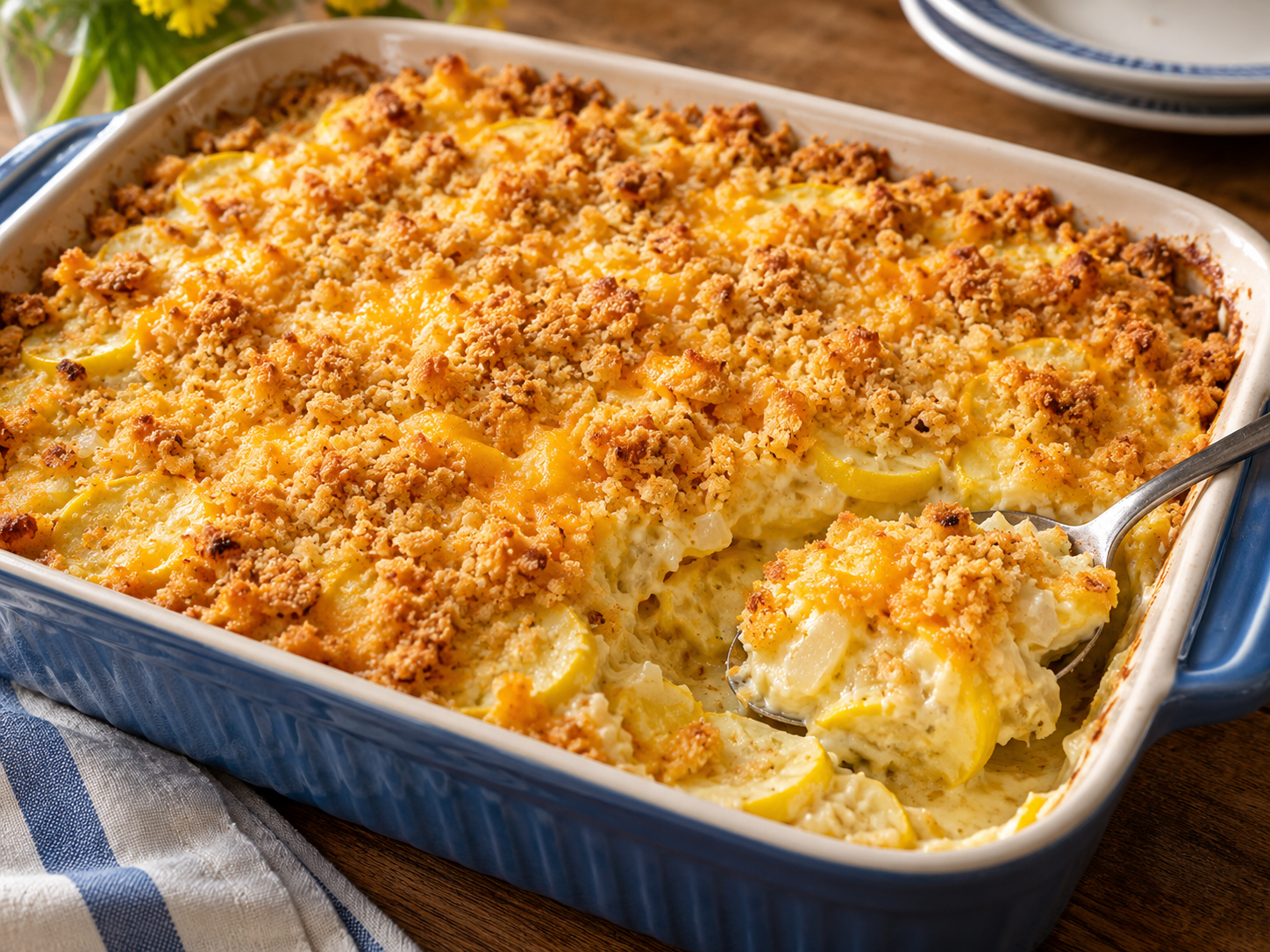Golden Southern yellow squash casserole with a creamy filling and buttery cracker crumb topping