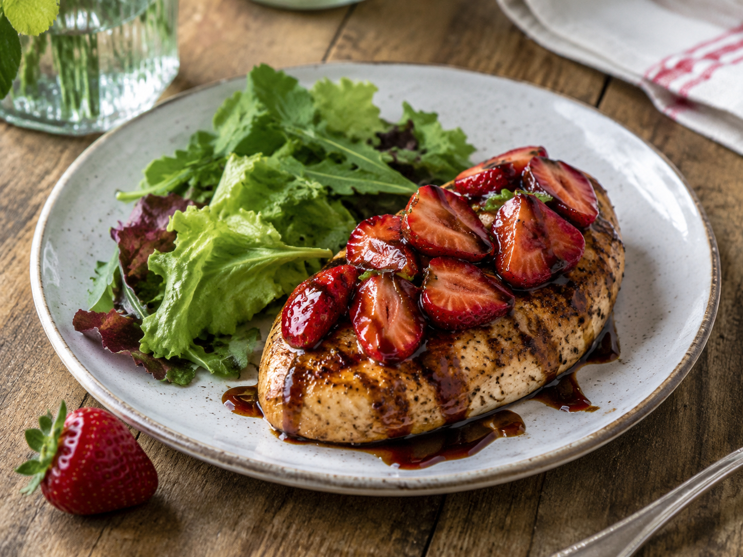 Chicken breast topped with strawberry balsamic sauce and fresh basil