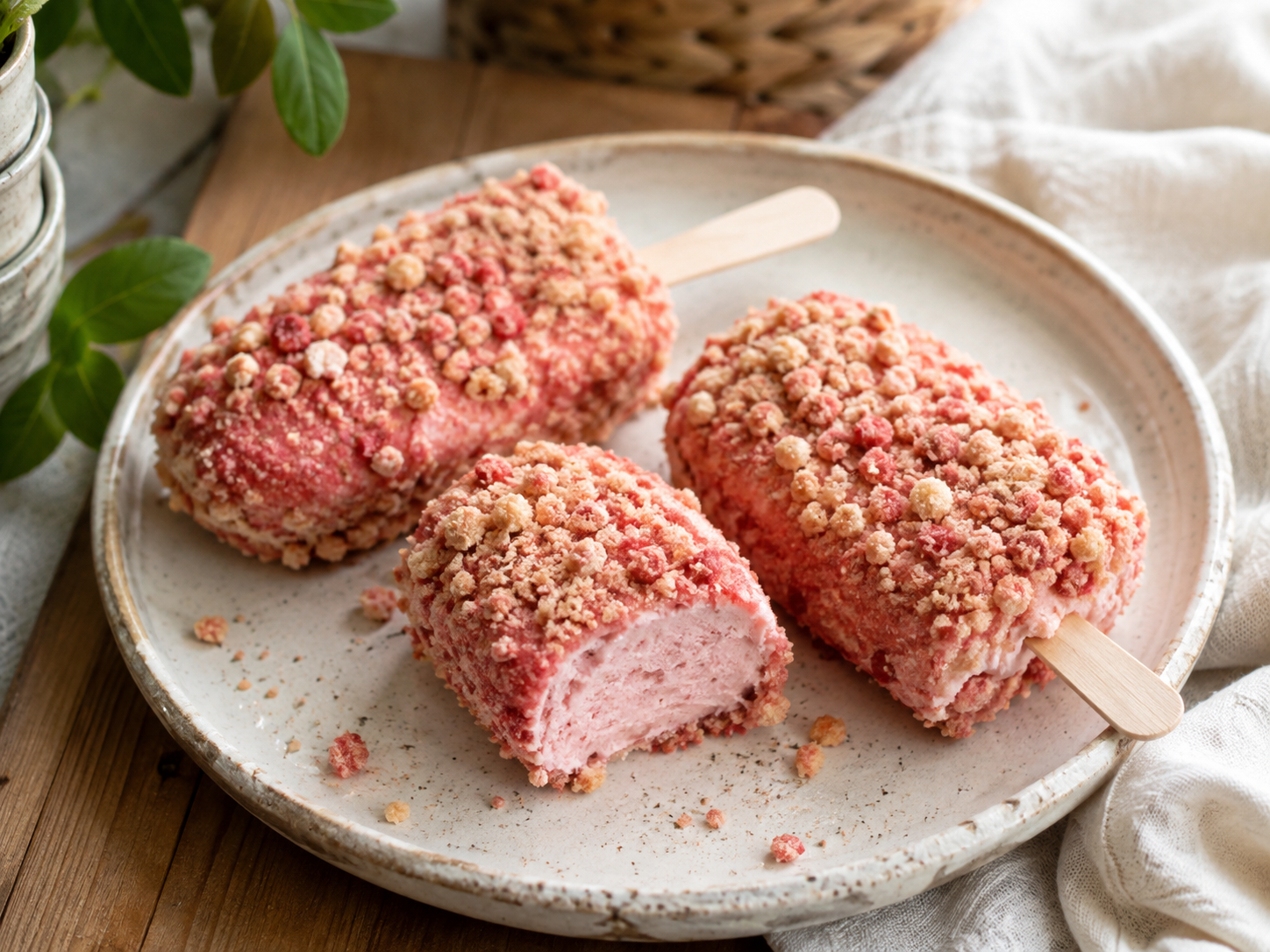 Strawberry shortcake ice cream bars with strawberries and whipped cream