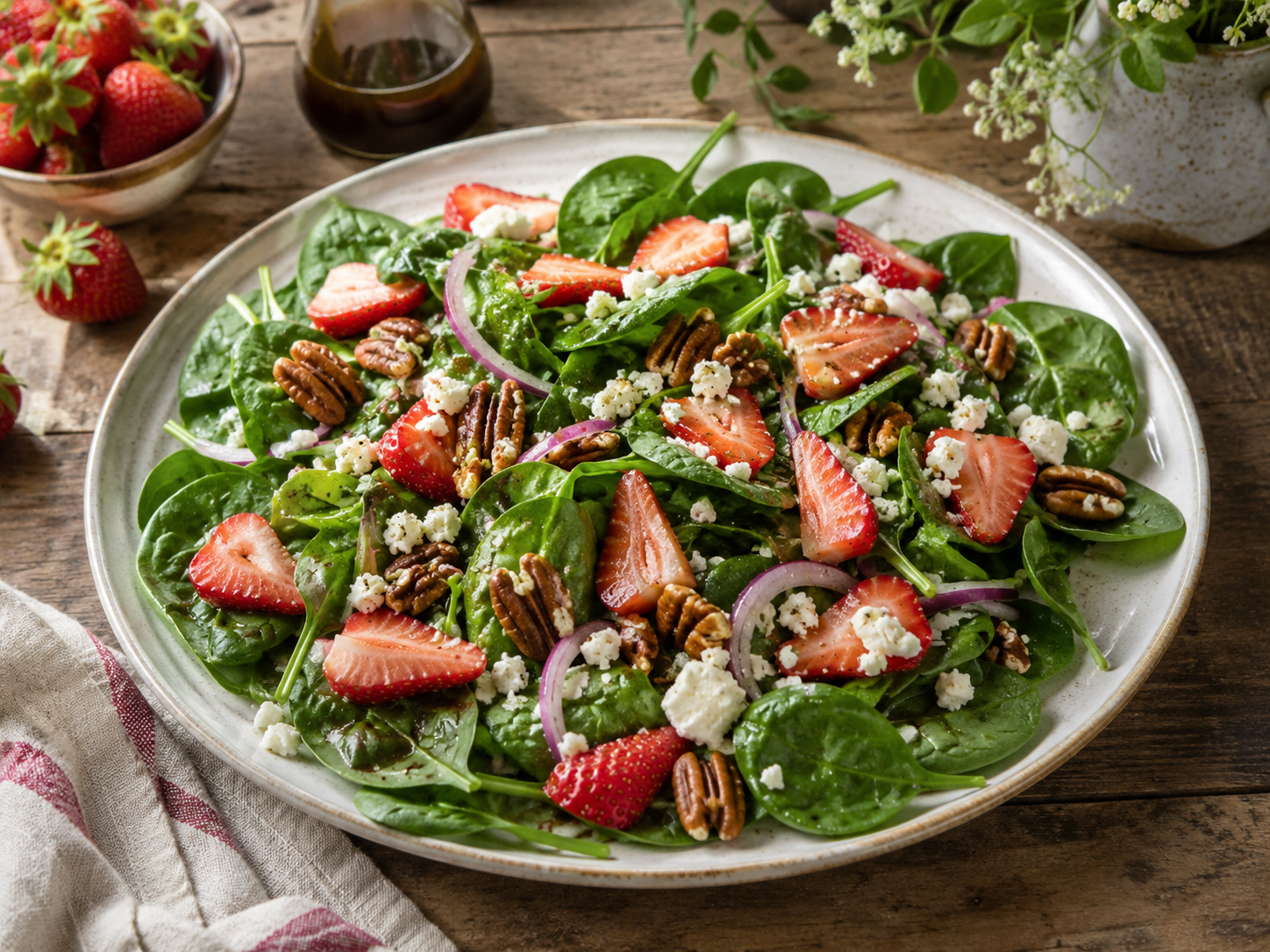 Strawberry spinach salad with feta, red onion and candied pecans