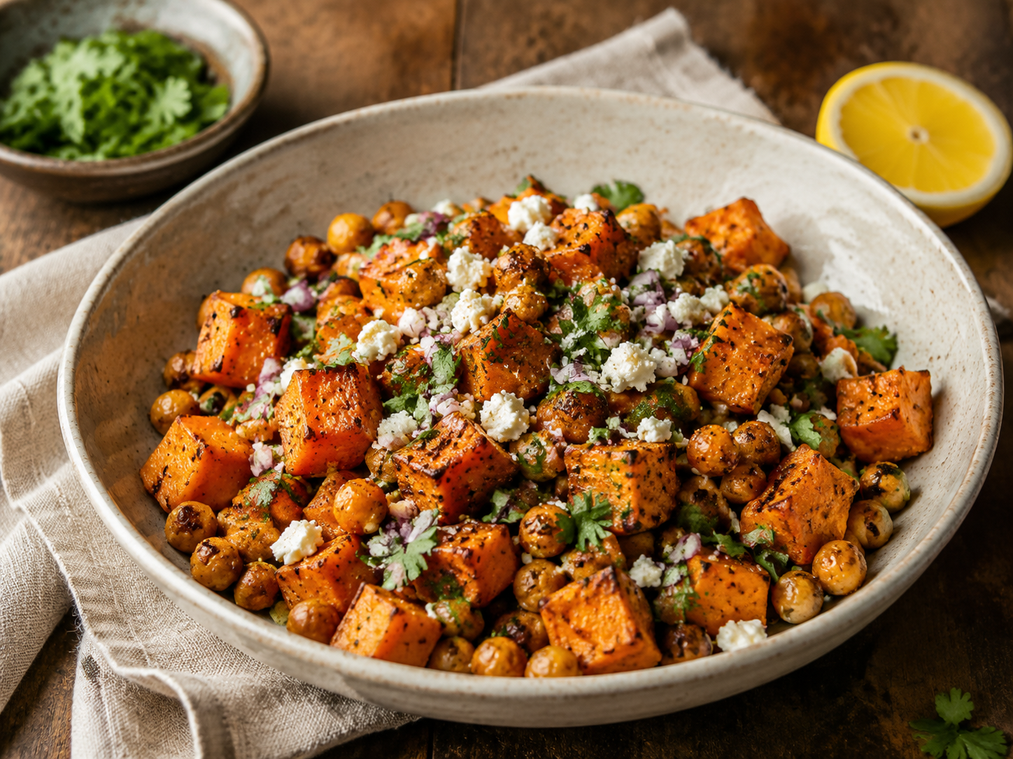 Roasted Sweet Potato and Chickpea Salad prepared with garden-fresh sweet potatoes