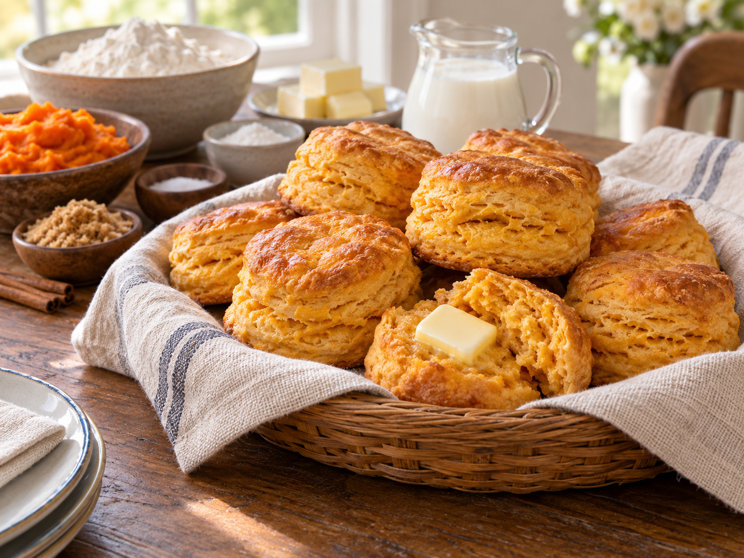 Tall flaky sweet potato biscuits with golden orange layers and a pat of melting butter