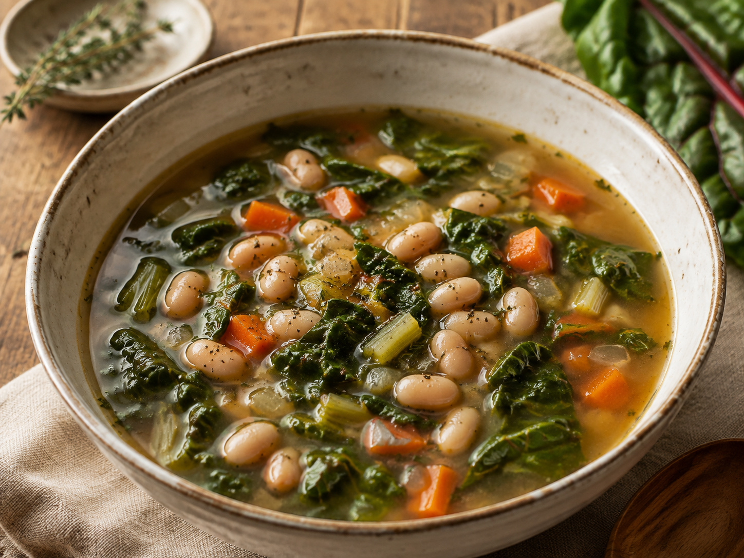 Swiss Chard and White Bean Soup prepared with garden-fresh swiss chard