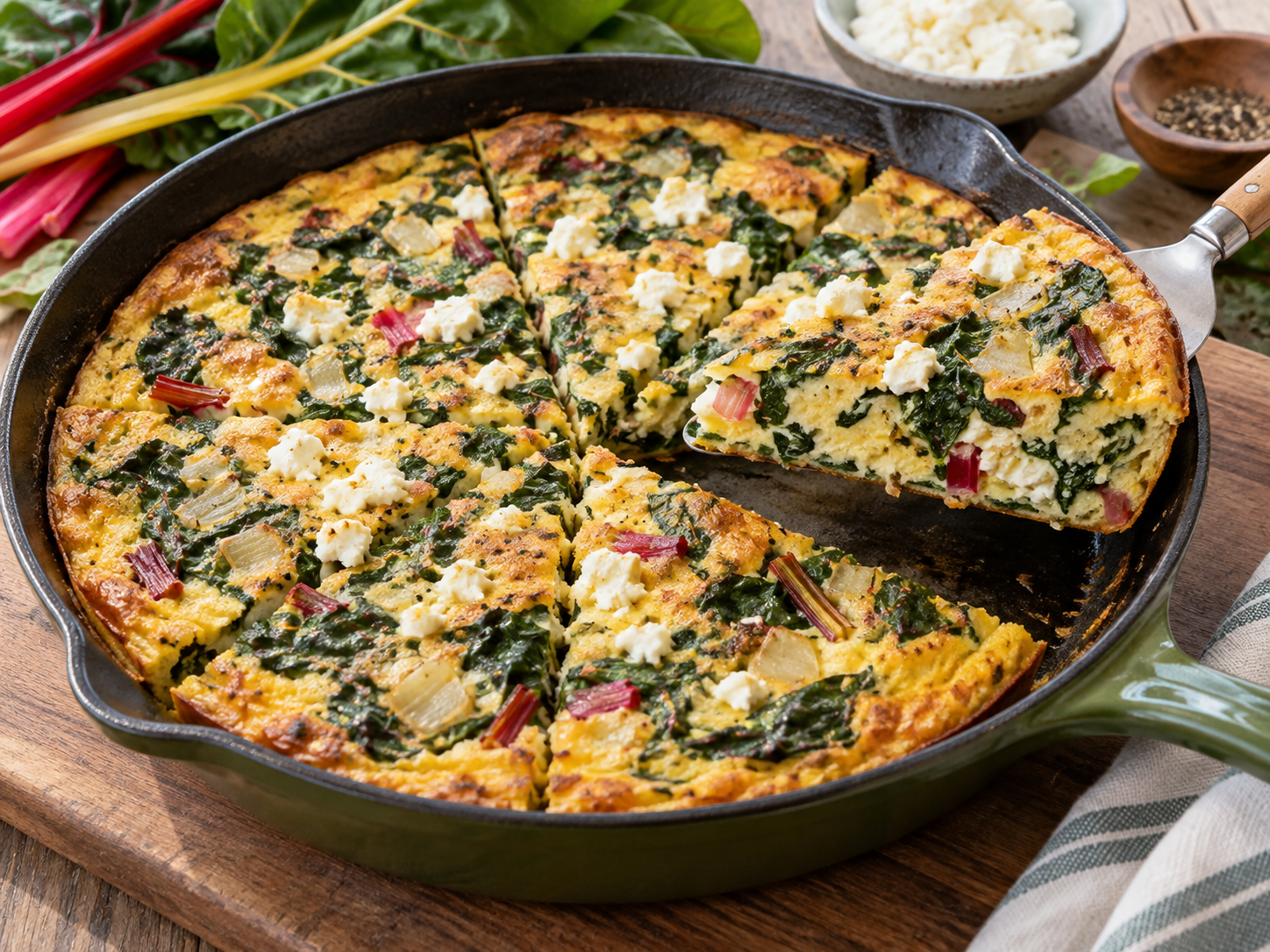 Golden Swiss chard frittata with colorful tender stems and crumbled feta