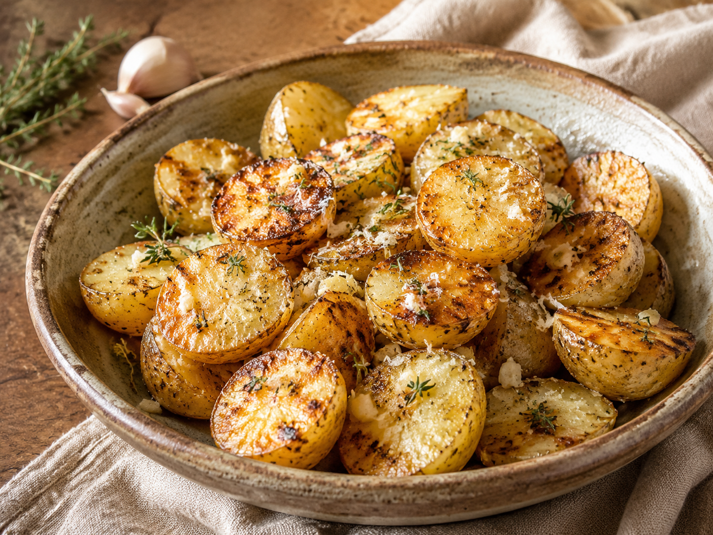 Garlic Thyme Roasted Potatoes prepared with garden-fresh thyme