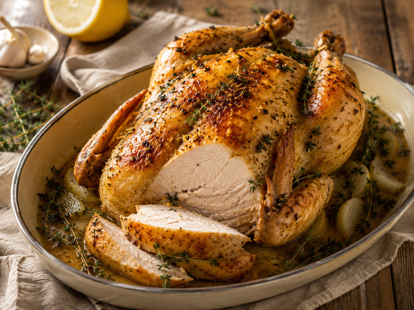 Lemon Thyme Roast Chicken prepared with garden-fresh thyme